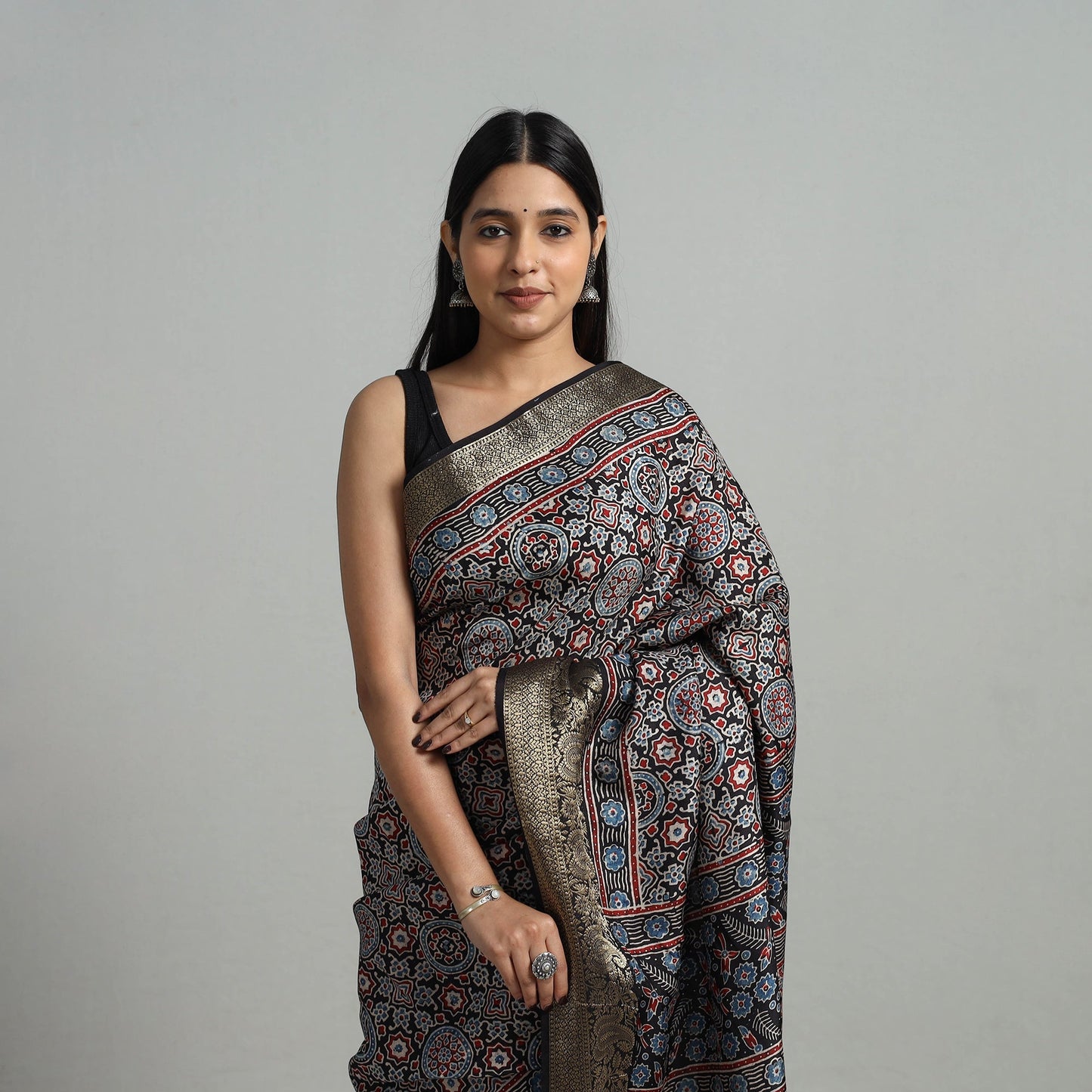 Natural Dyed Hand Block Print Dola Silk Ajrakh Saree