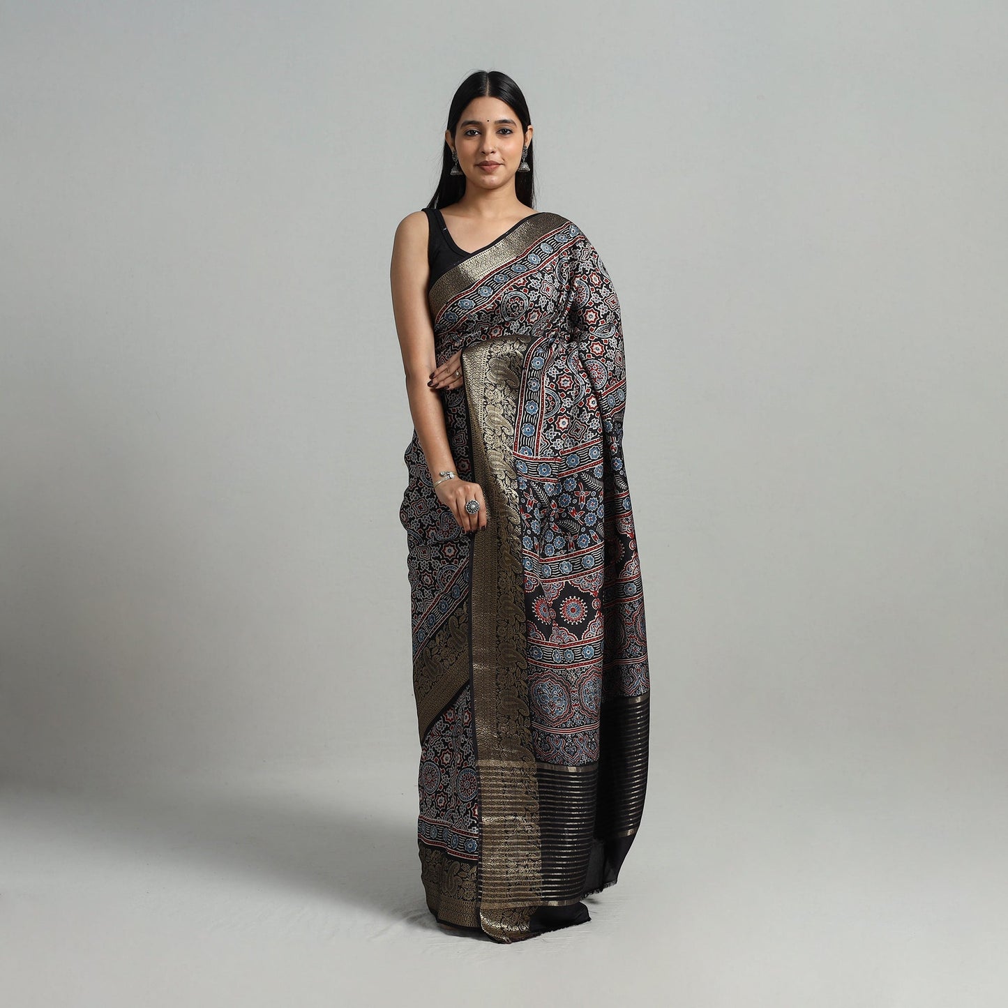 Natural Dyed Hand Block Print Dola Silk Ajrakh Saree