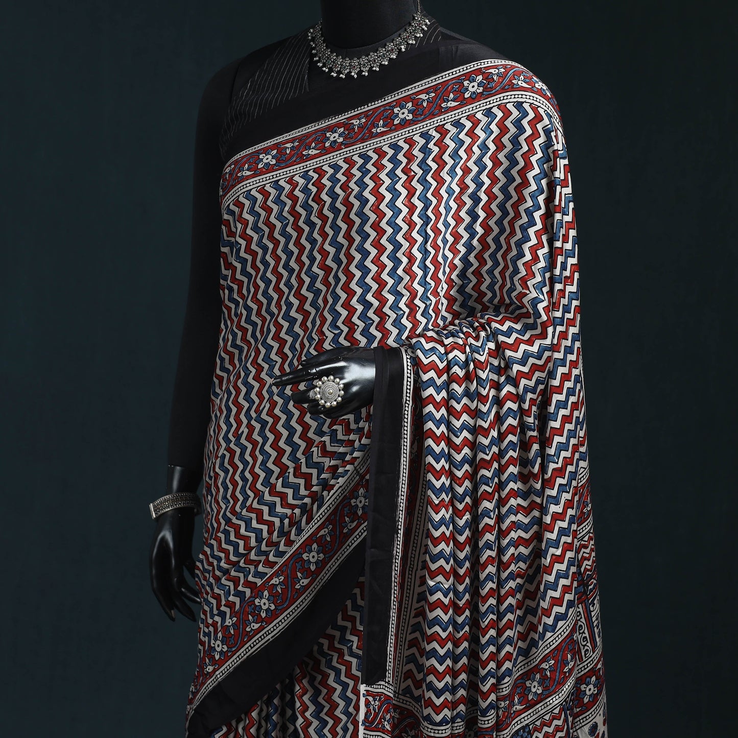 Natural dyed modal silk kutch hand block print ajrakh saree