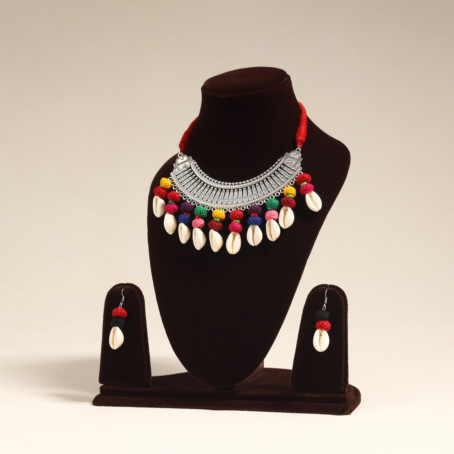 Navratri Special! Multicolor German Silver Shell & Thread Beads Necklace Set