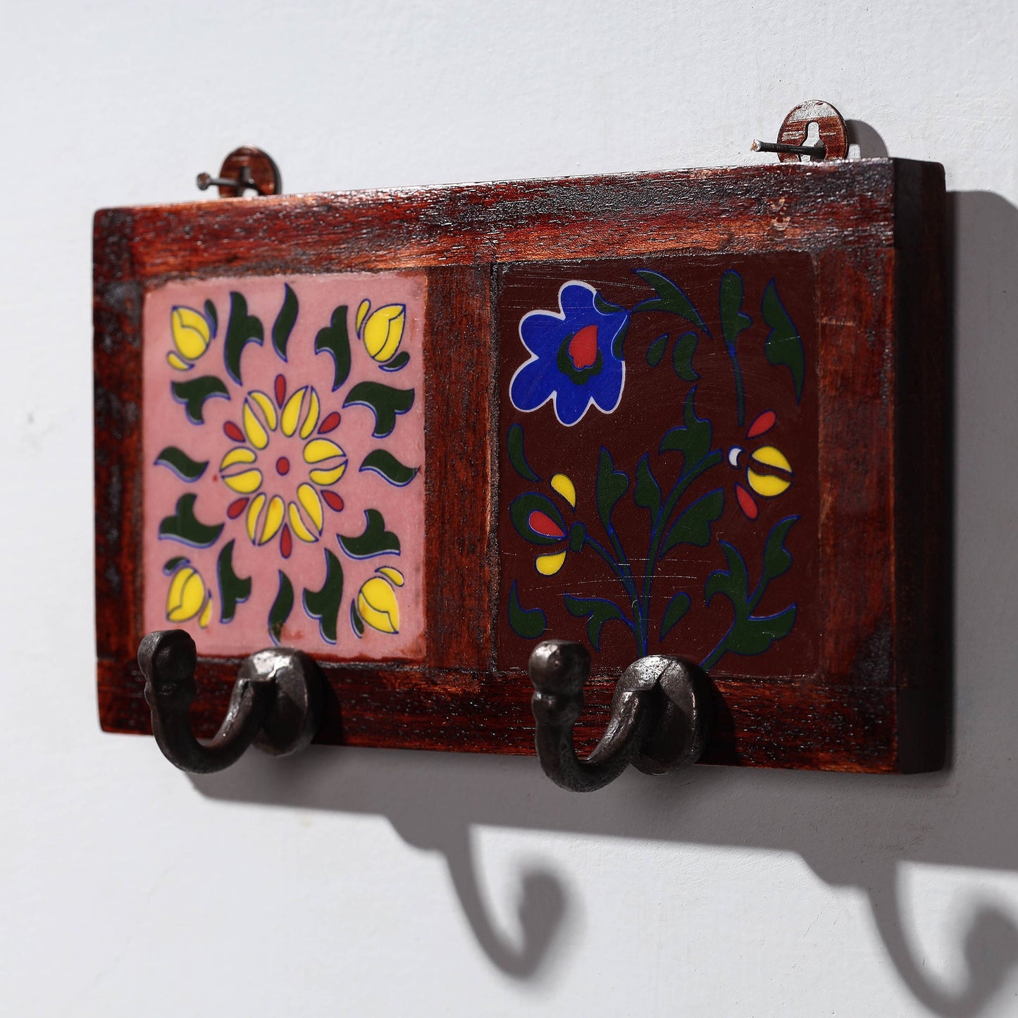 Original Blue Pottery Ceramic Tile Wall Hook Hanger (2 Peg)