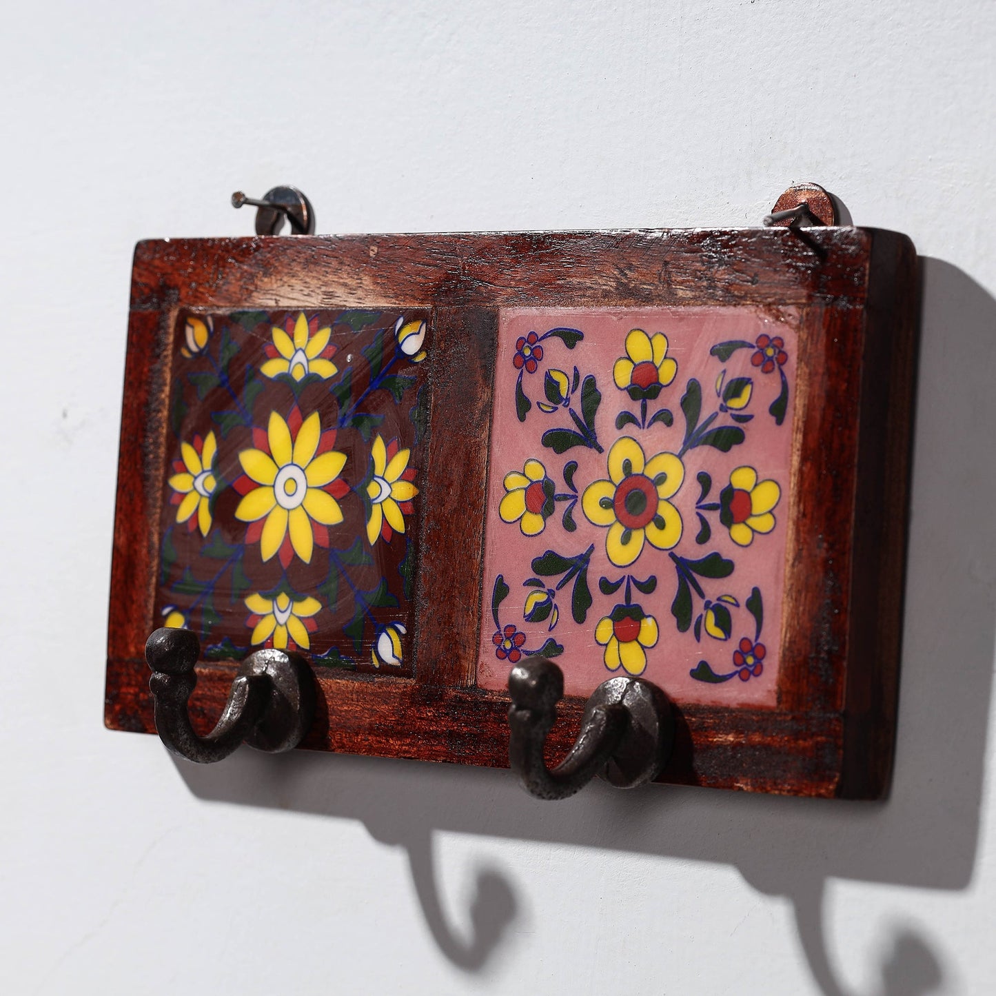 Original Blue Pottery Ceramic Tile Wall Hook Hanger (2 Peg)