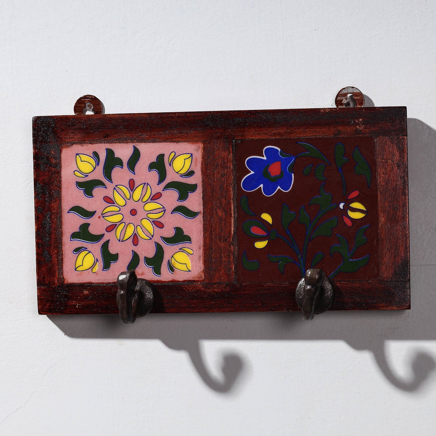 Original Blue Pottery Ceramic Tile Wall Hook Hanger (2 Peg)