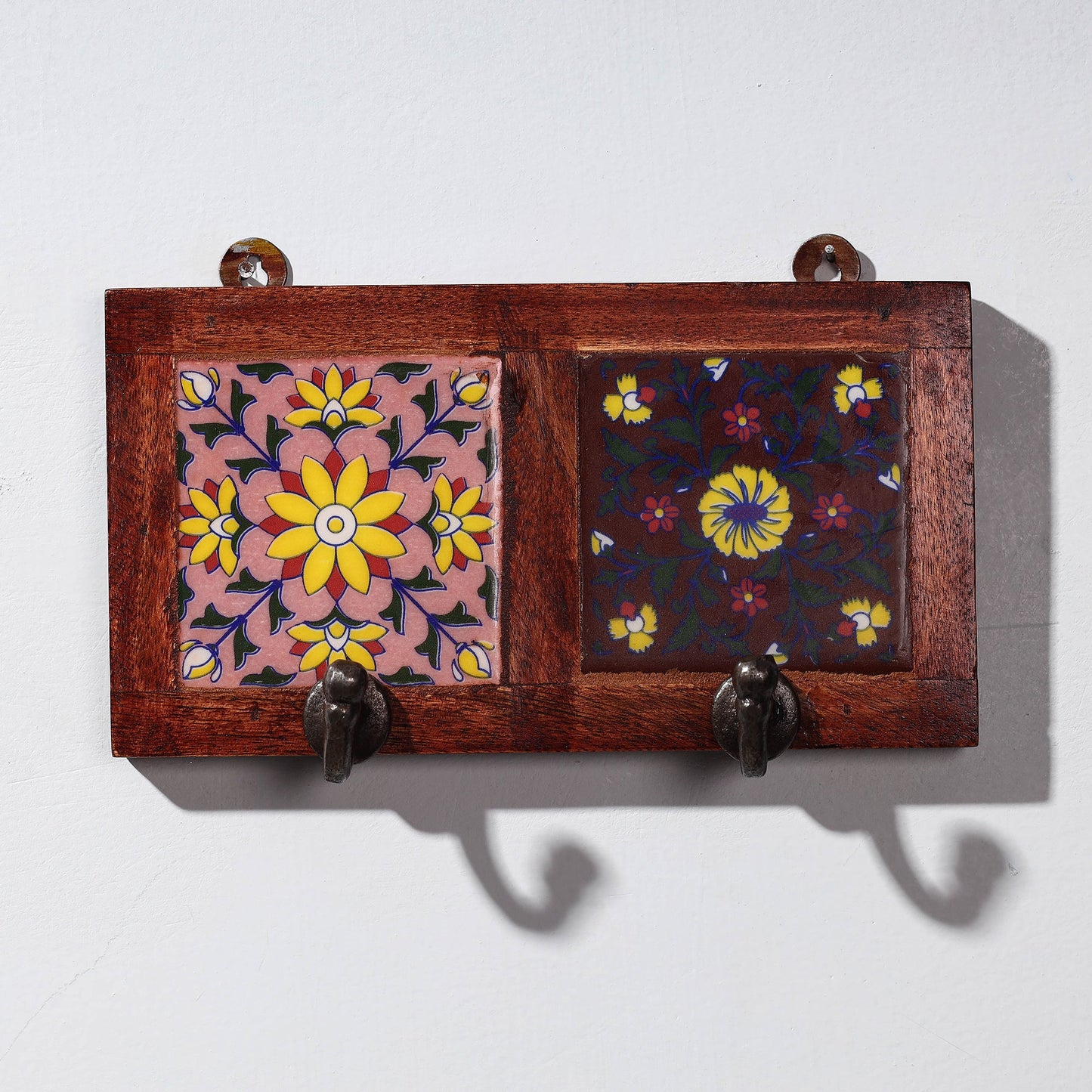 Original Blue Pottery Ceramic Tile Wall Hook Hanger (2 Peg)