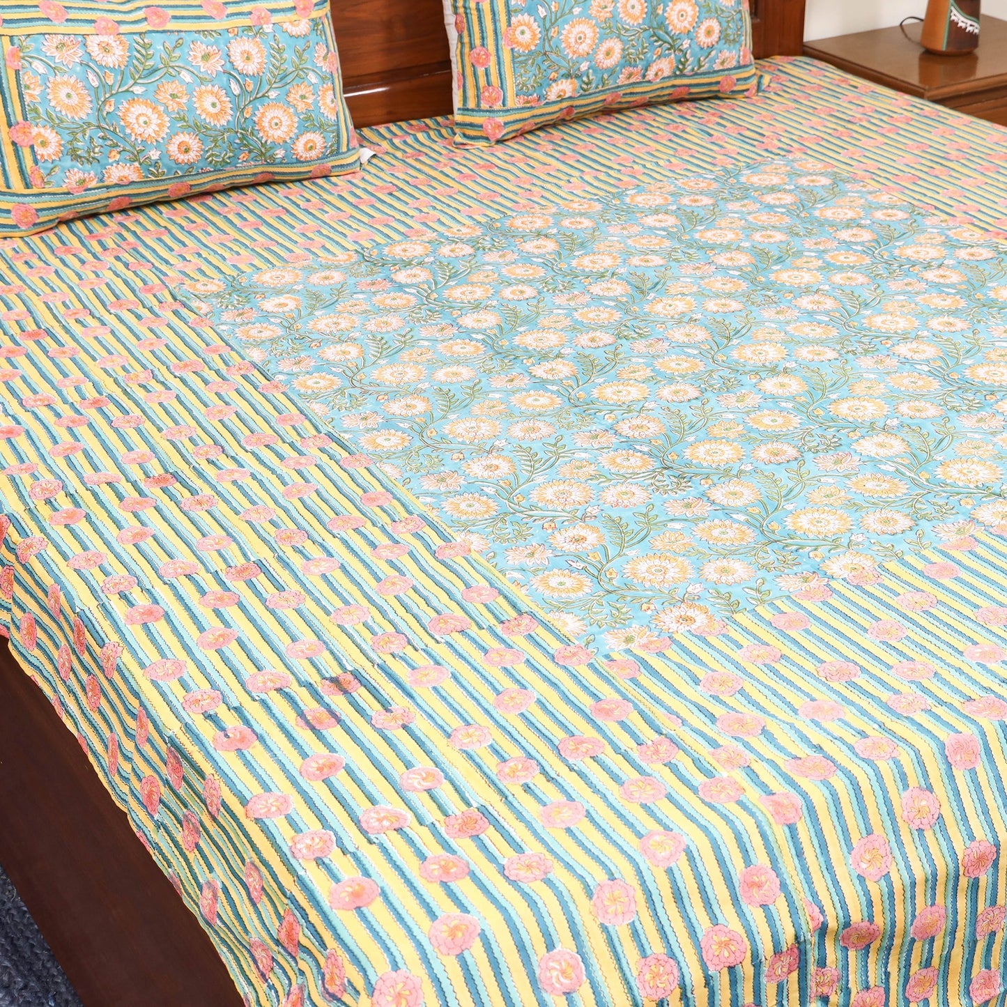 Patchwork hand double sanganeri bedsheet set (108 x 90 in)