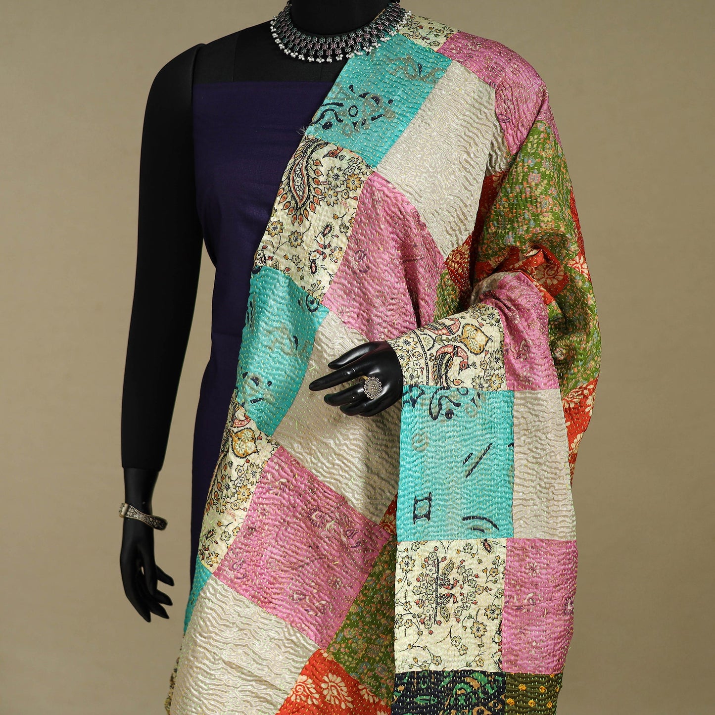 Multicolor - patchwork reversible silk bengal kantha work