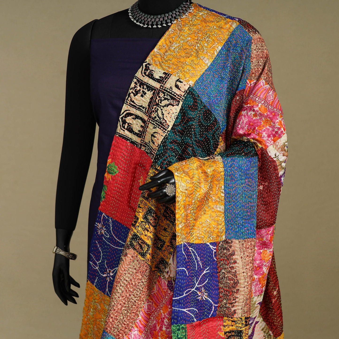 Multicolor - patchwork reversible silk bengal kantha work
