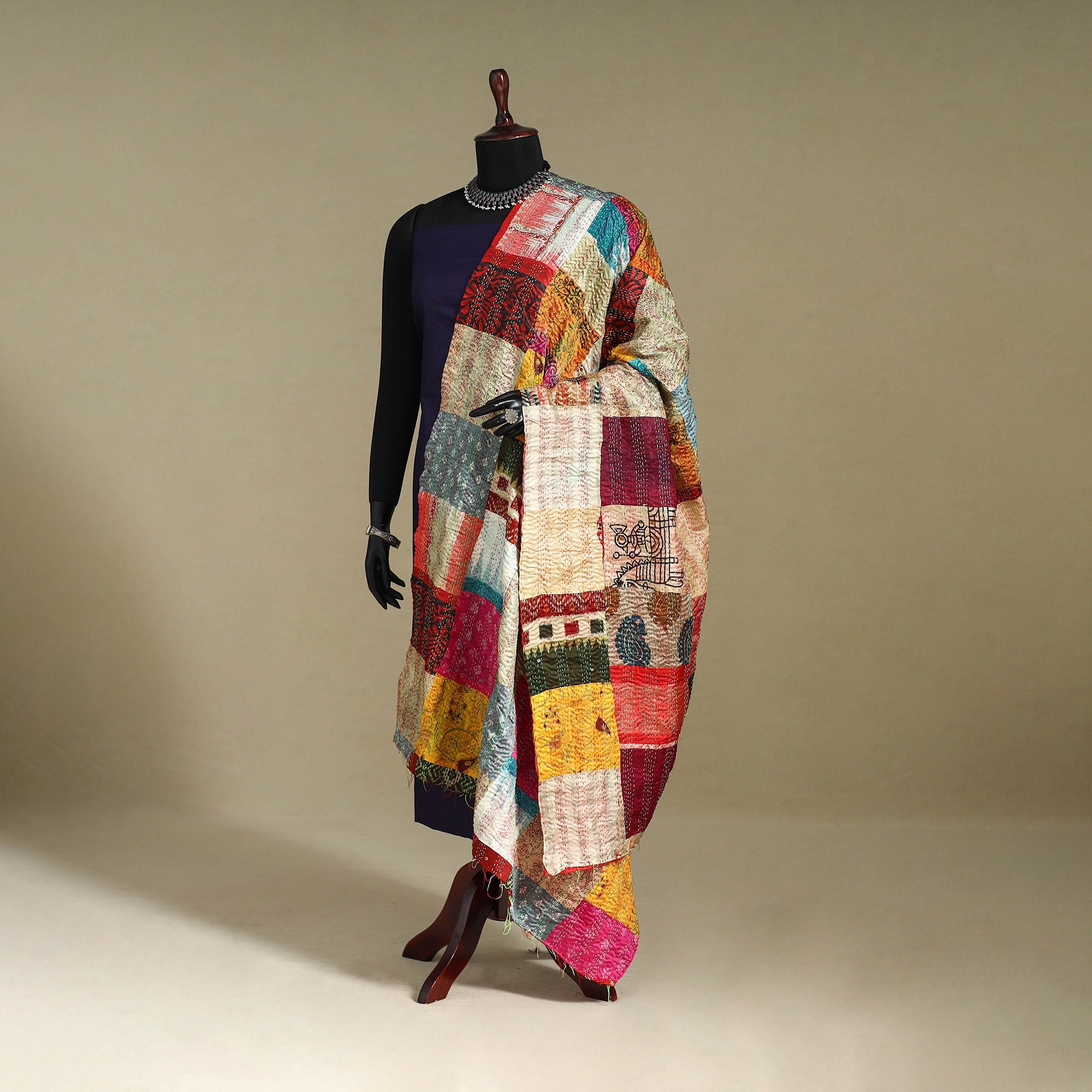 Multicolor - Bengal Hand Embroidery Patchwork Reversible Silk Kantha Dupatta 15 main image 1