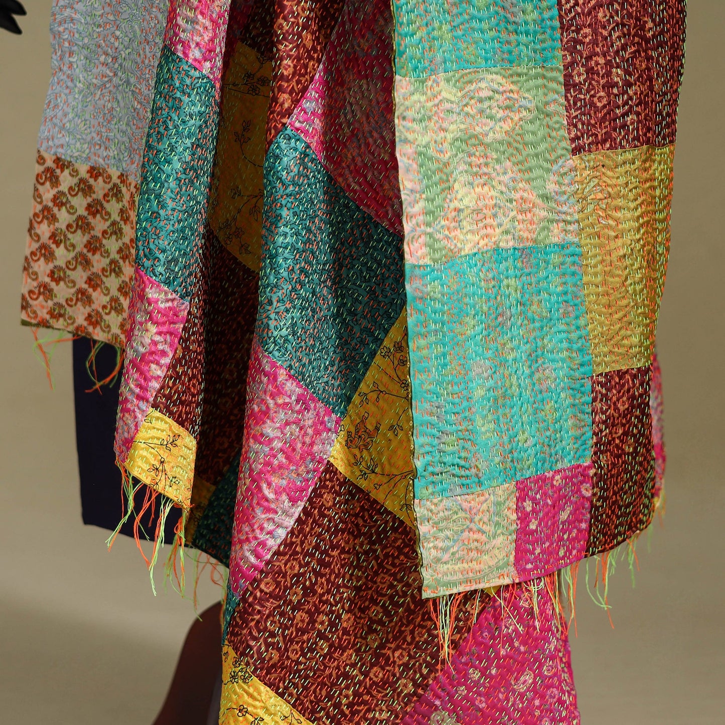 Multicolor - patchwork reversible silk bengal kantha work