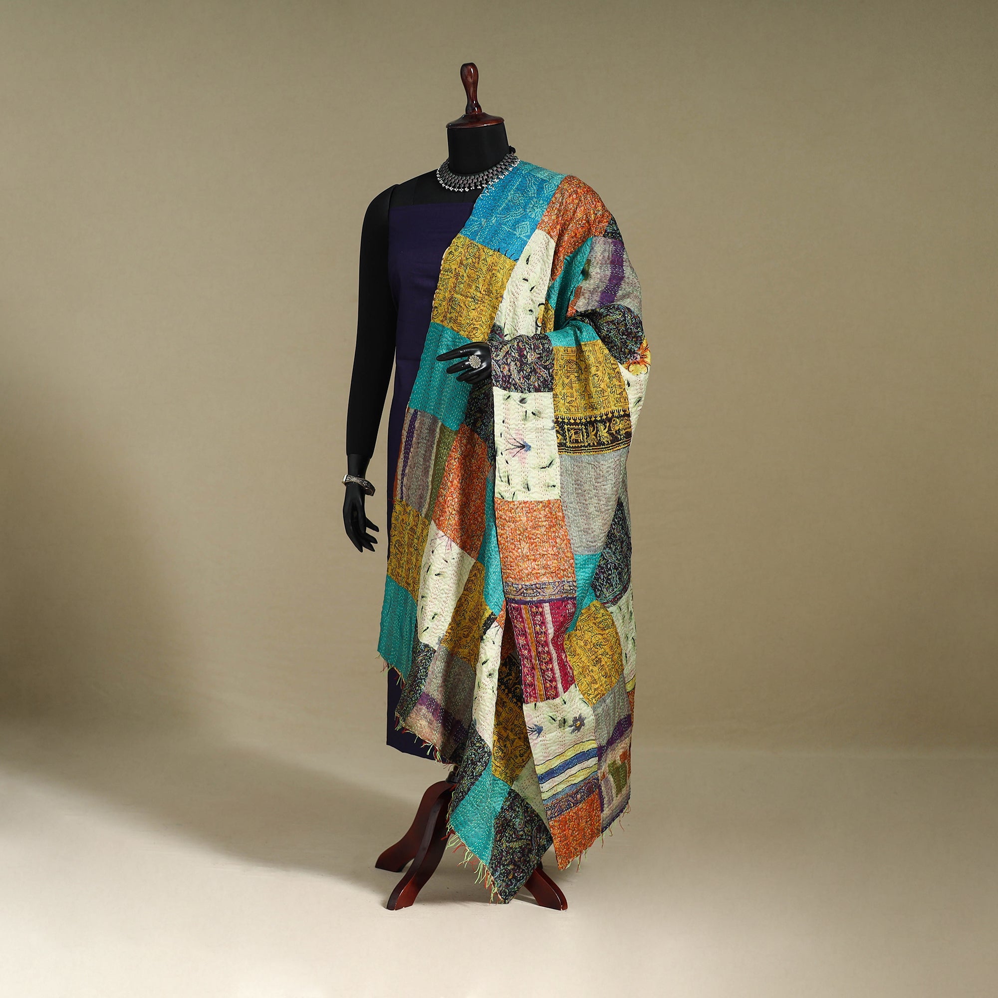 Multicolor - Patchwork Reversible Silk Bengal Hand Kantha Stitch Stole 21