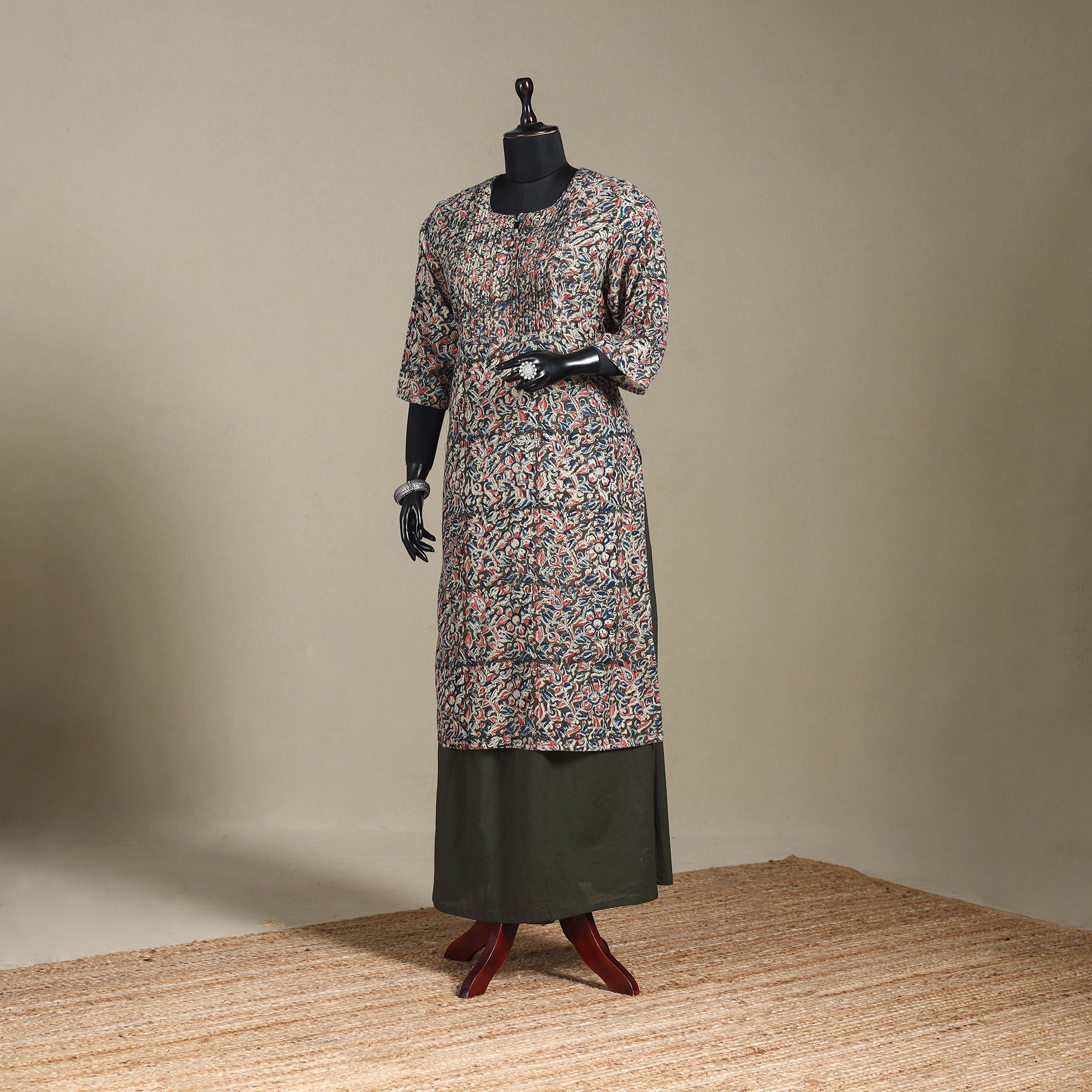 Multicolor - Pedana Block Print Natural Dyed Cotton Straight Pintuck Kalamkari Long Kurta 11