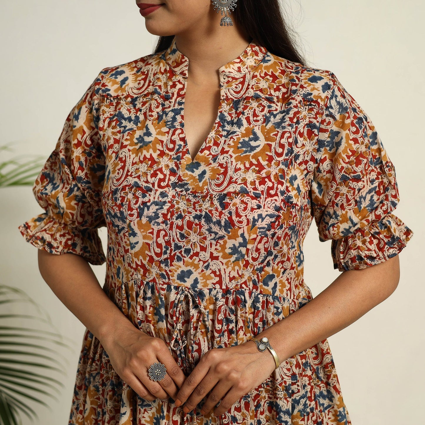 Pedana Block Print Mul Cotton Tiered Multicolor Kalamkari Dress
