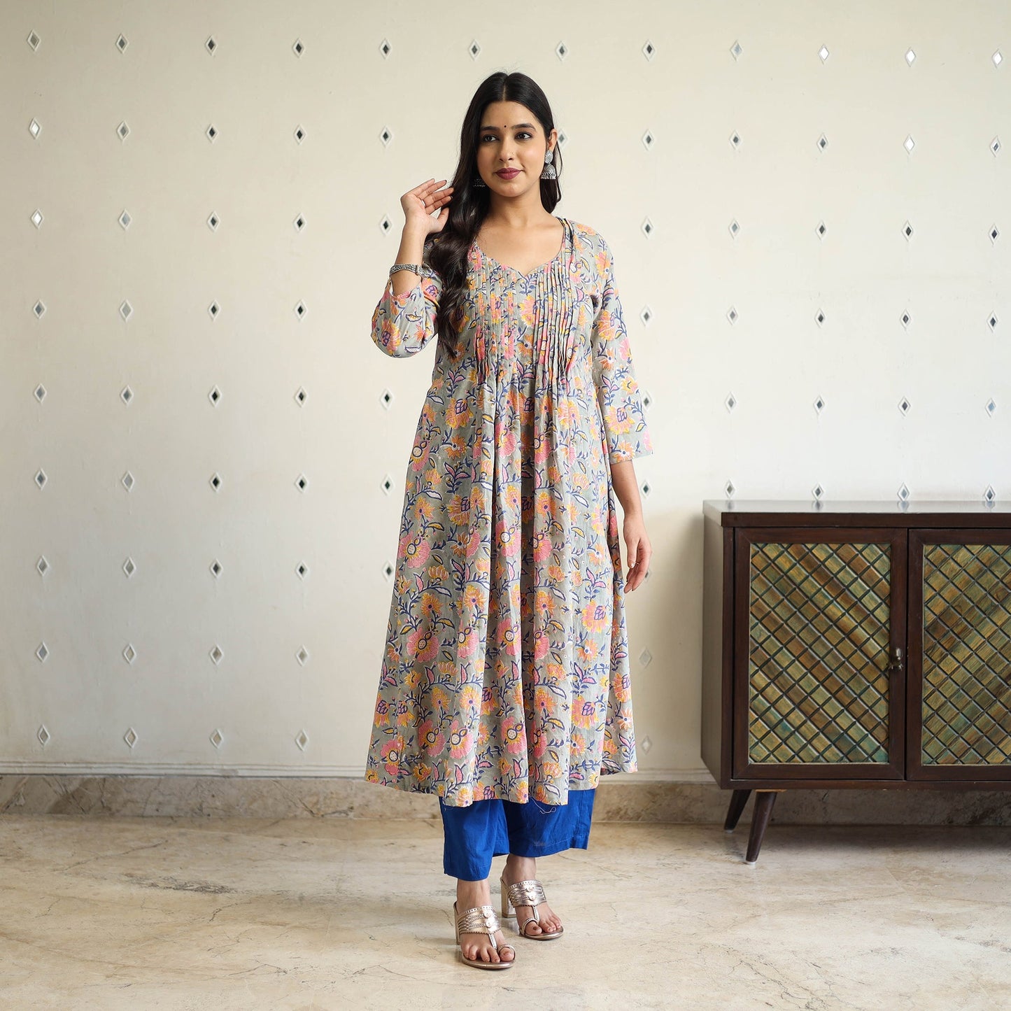 Multicolor Pintuck Flared Cotton Block Print Sanganeri Kurta