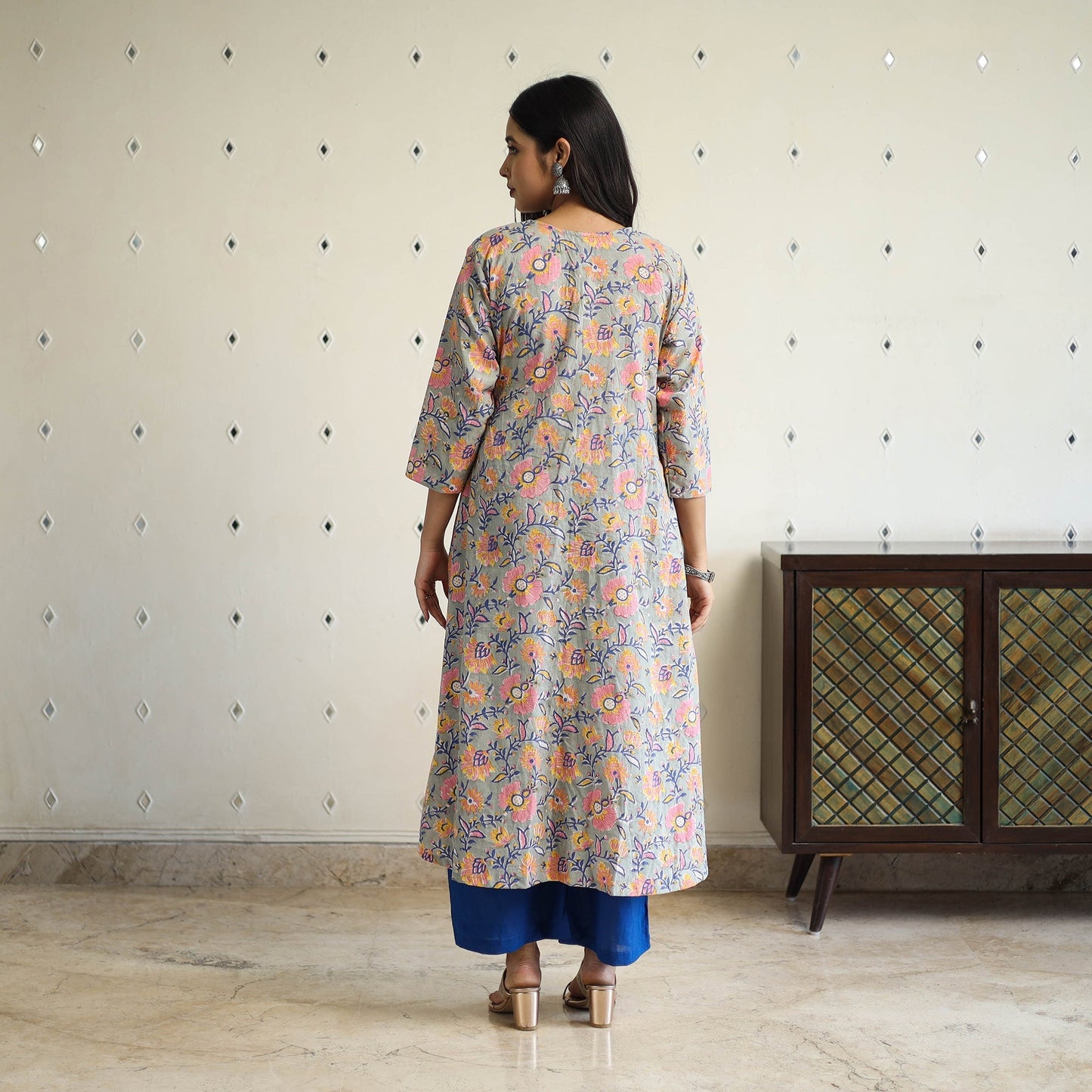 Multicolor Pintuck Flared Cotton Block Print Sanganeri Kurta