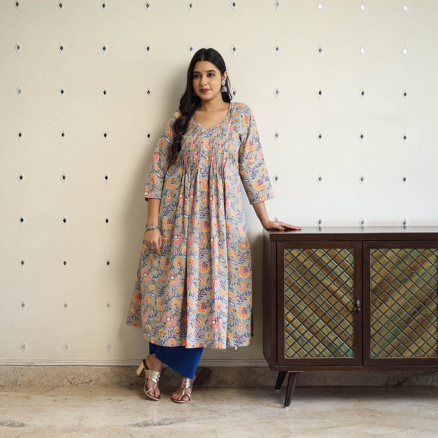 Multicolor Pintuck Flared Cotton Block Print Sanganeri Kurta