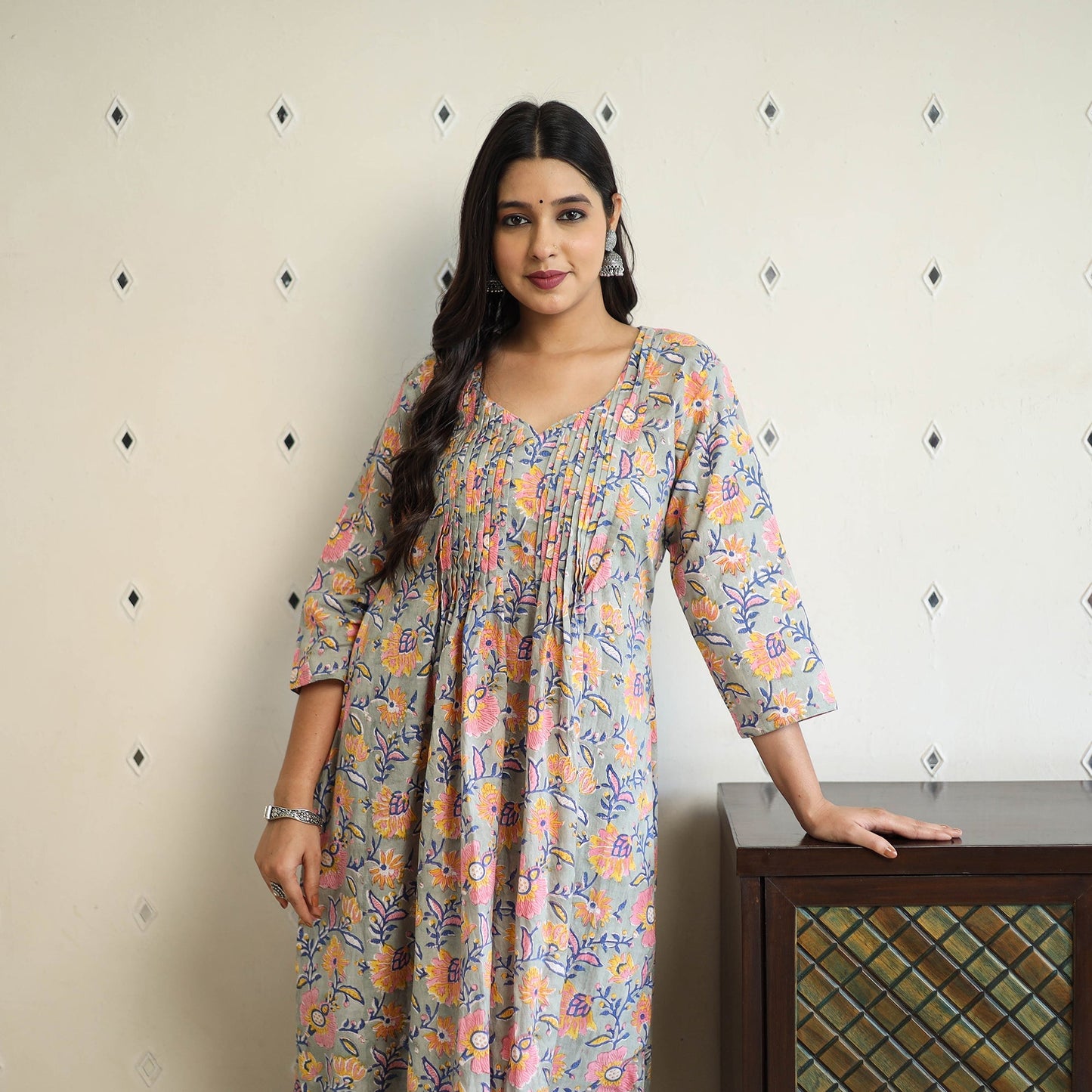 Multicolor Pintuck Flared Cotton Block Print Sanganeri Kurta