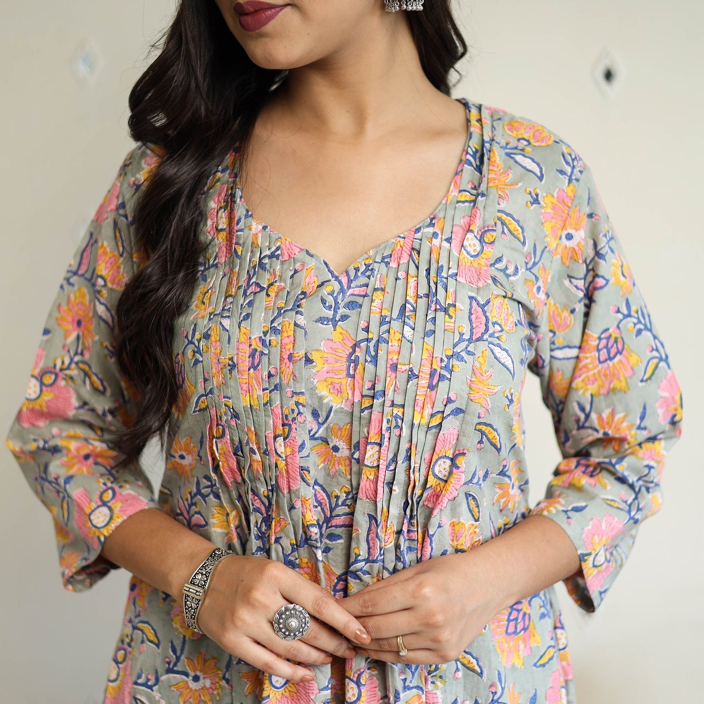 Multicolor Pintuck Flared Cotton Block Print Sanganeri Kurta