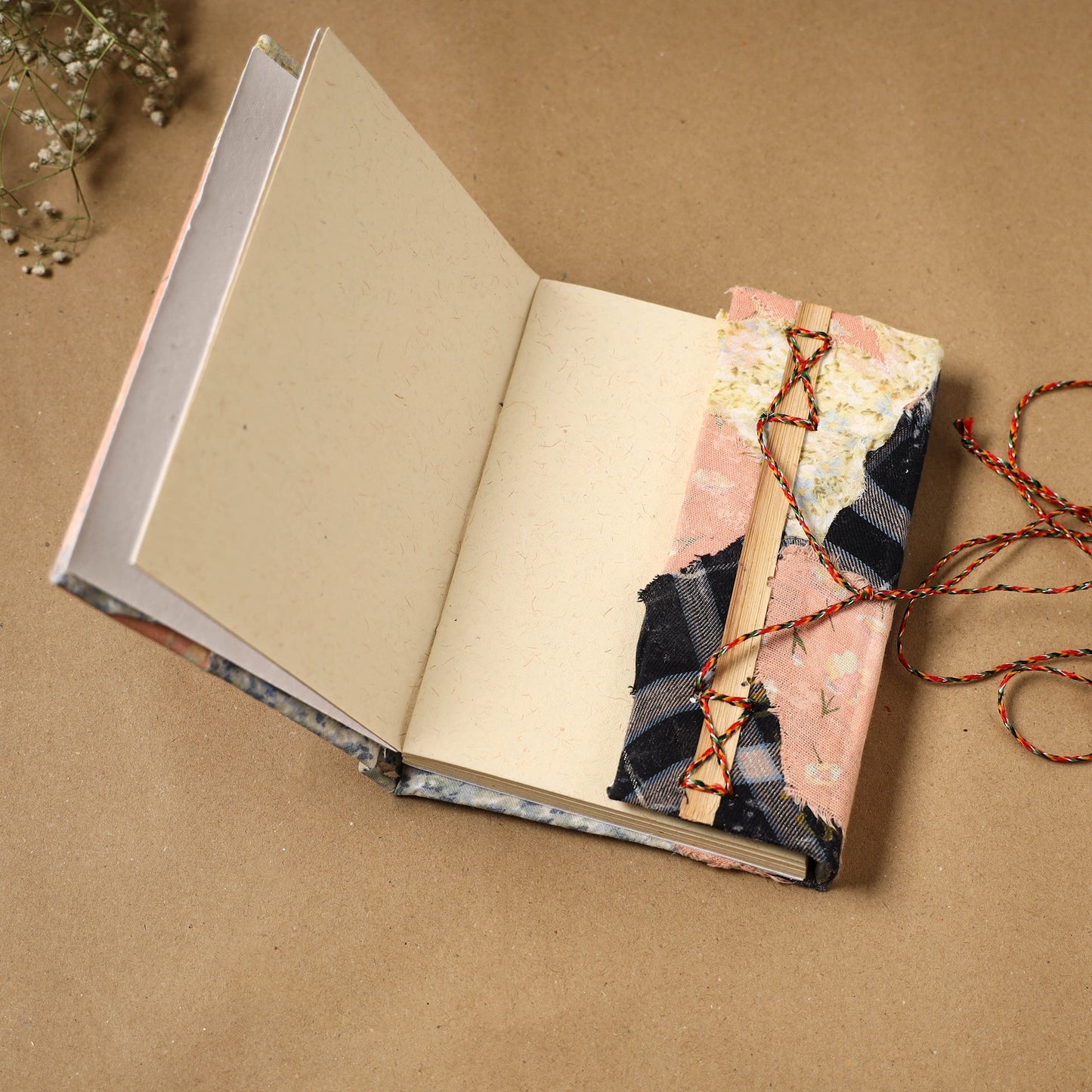 Printed fabric cover handmade paper notebook with thread