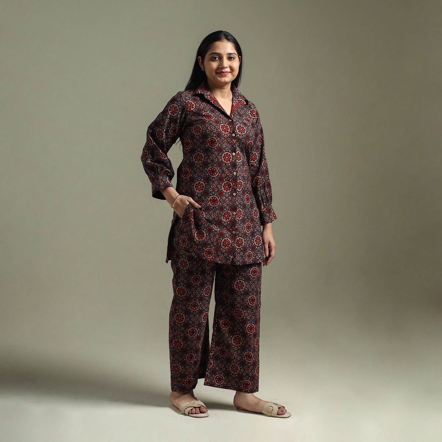 Pure cotton natural dyed ajrakh hand block print night suit