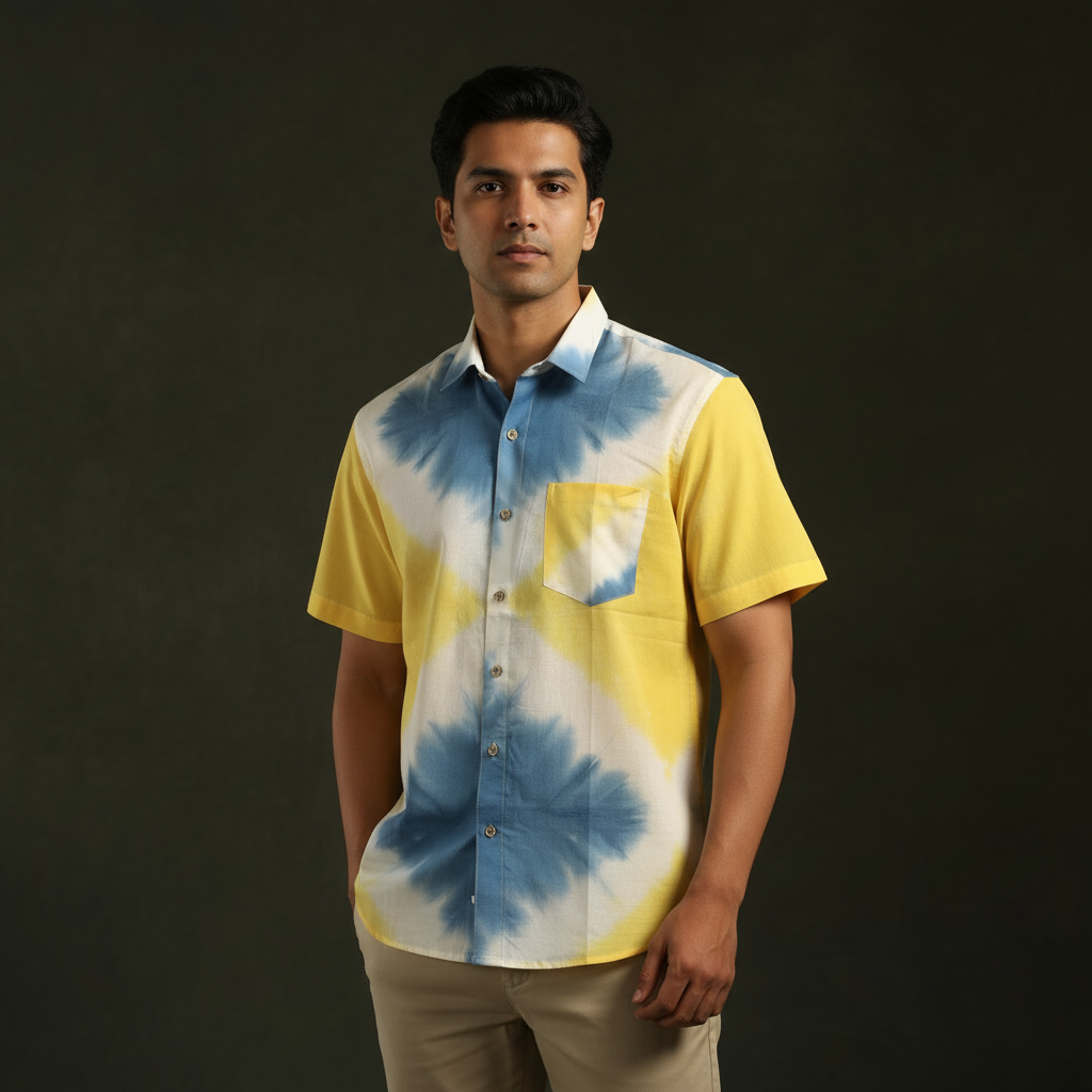 Pure mul cotton half sleeve tie-dye men shibori shirt 11