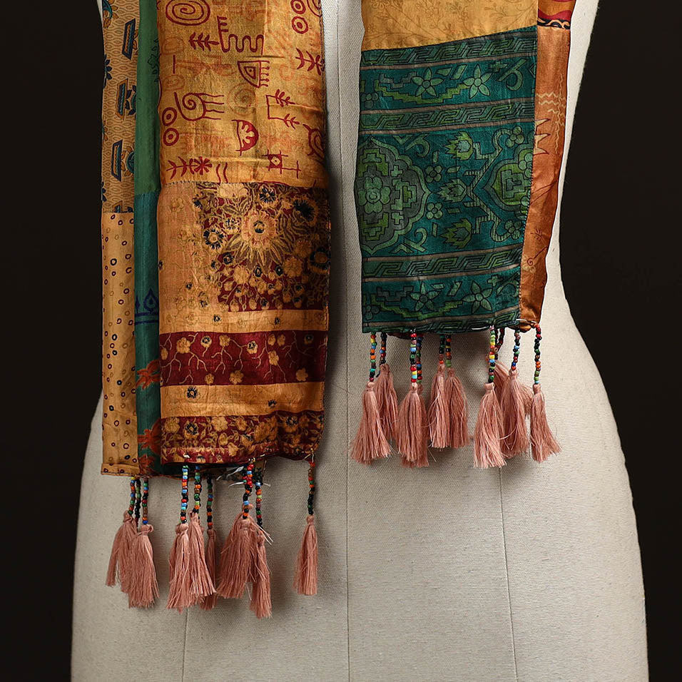 Pure silk patchwork stole with tassels 03 - handcrafted