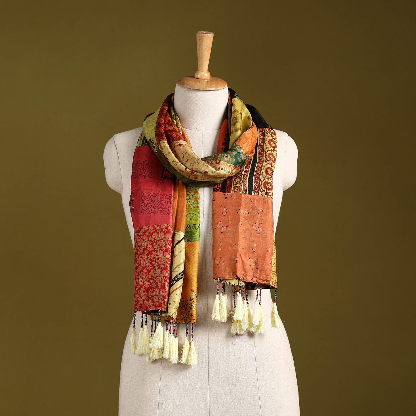 Multicolor - pure silk patchwork stole with tassels 03
