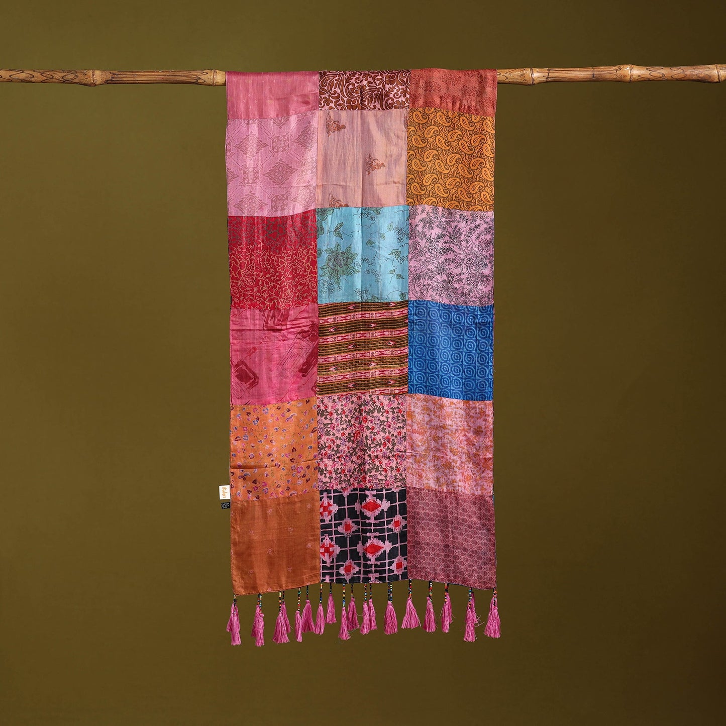 Multicolor - pure silk patchwork stole with tassels 08