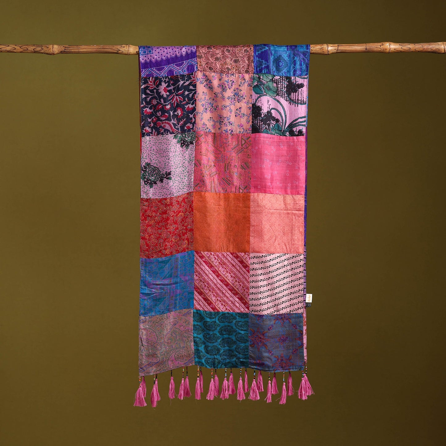 Multicolor - pure silk patchwork stole with tassels 18