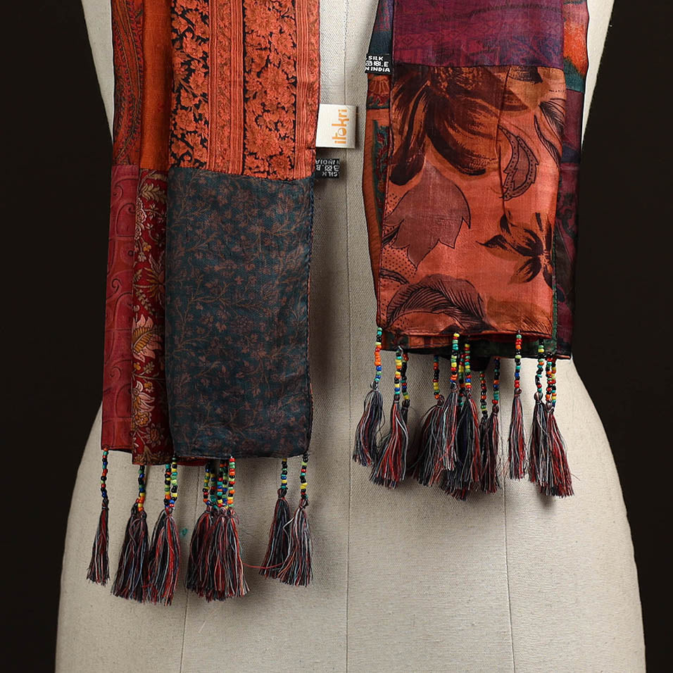 Pure silk patchwork stole with tassels 20 - handcrafted