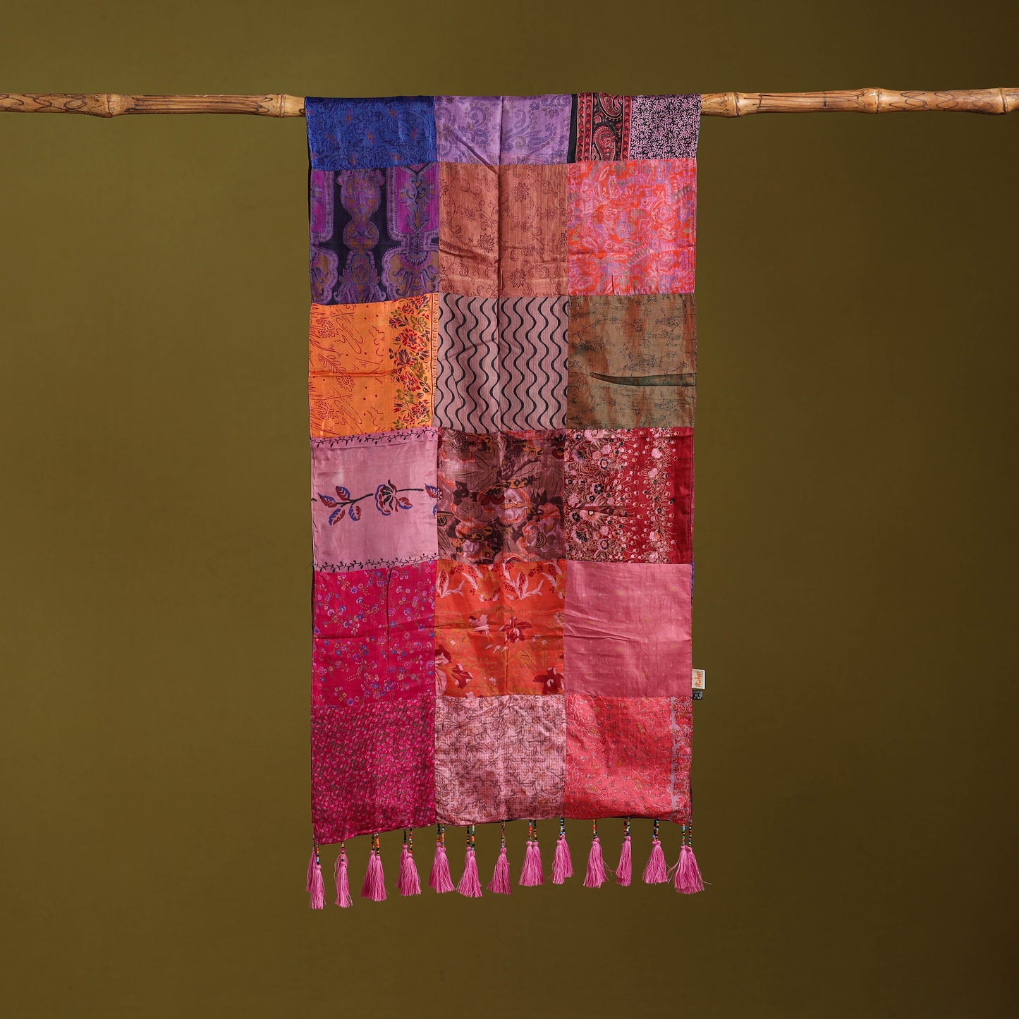 Multicolor - pure silk patchwork stole with tassels 20