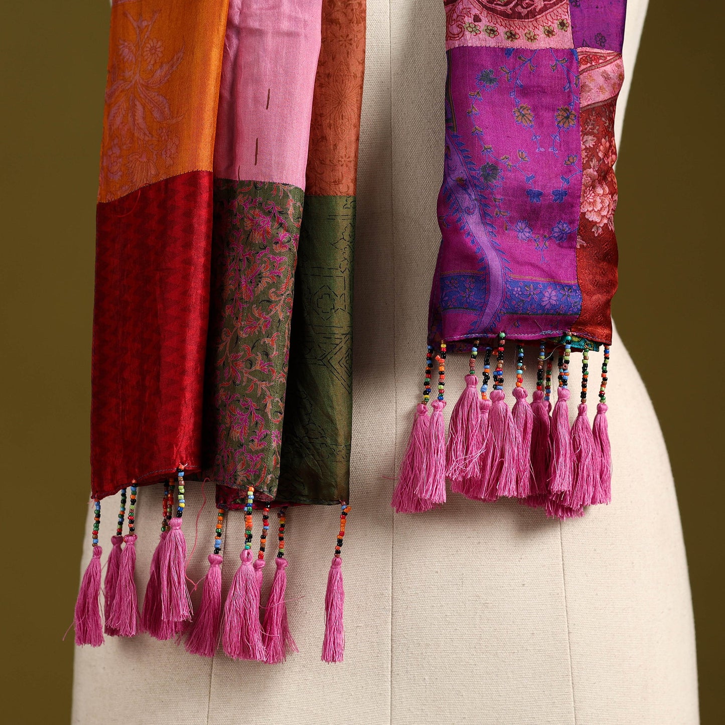 Multicolor - pure silk patchwork stole with tassels 20