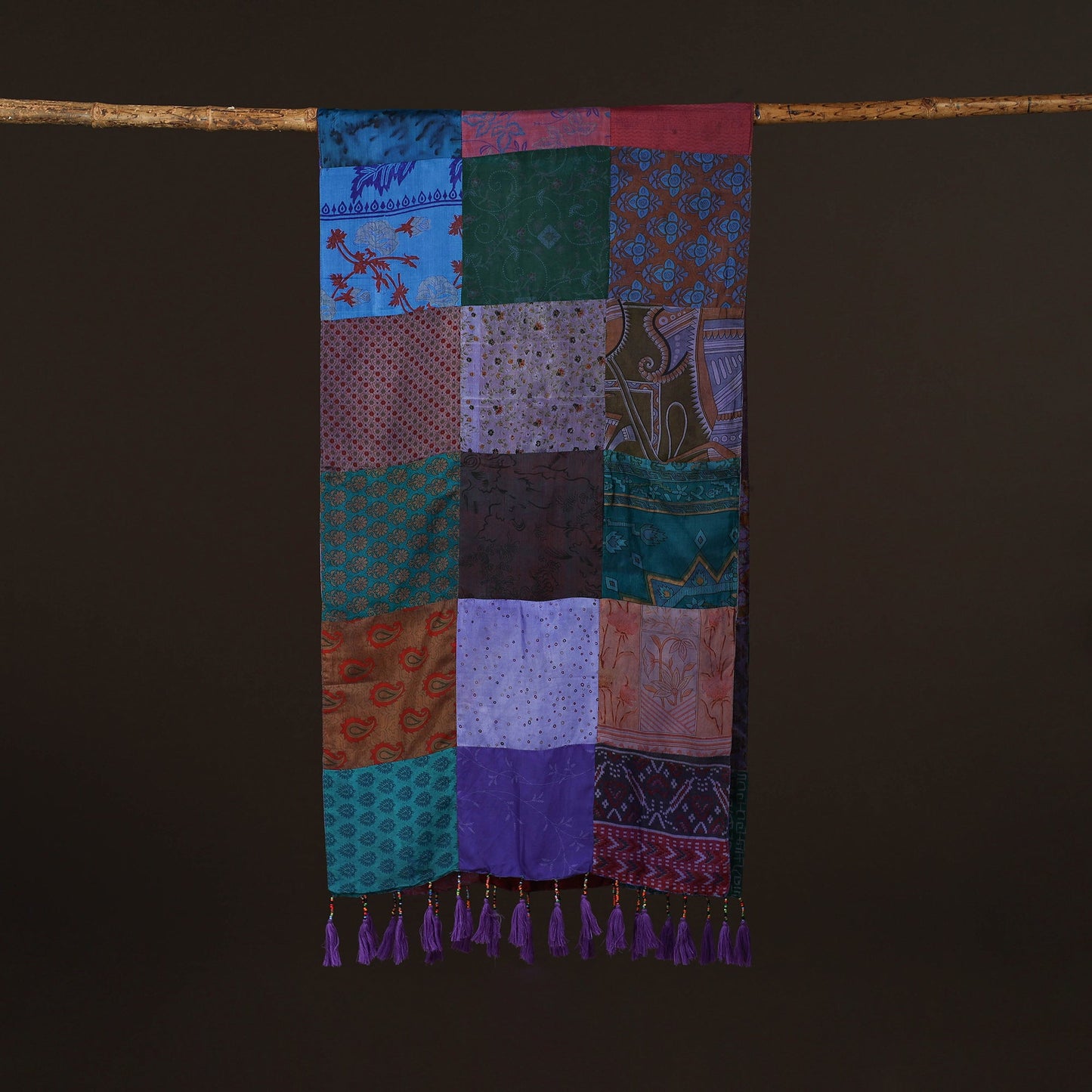Pure silk patchwork stole with tassels 21 - handcrafted