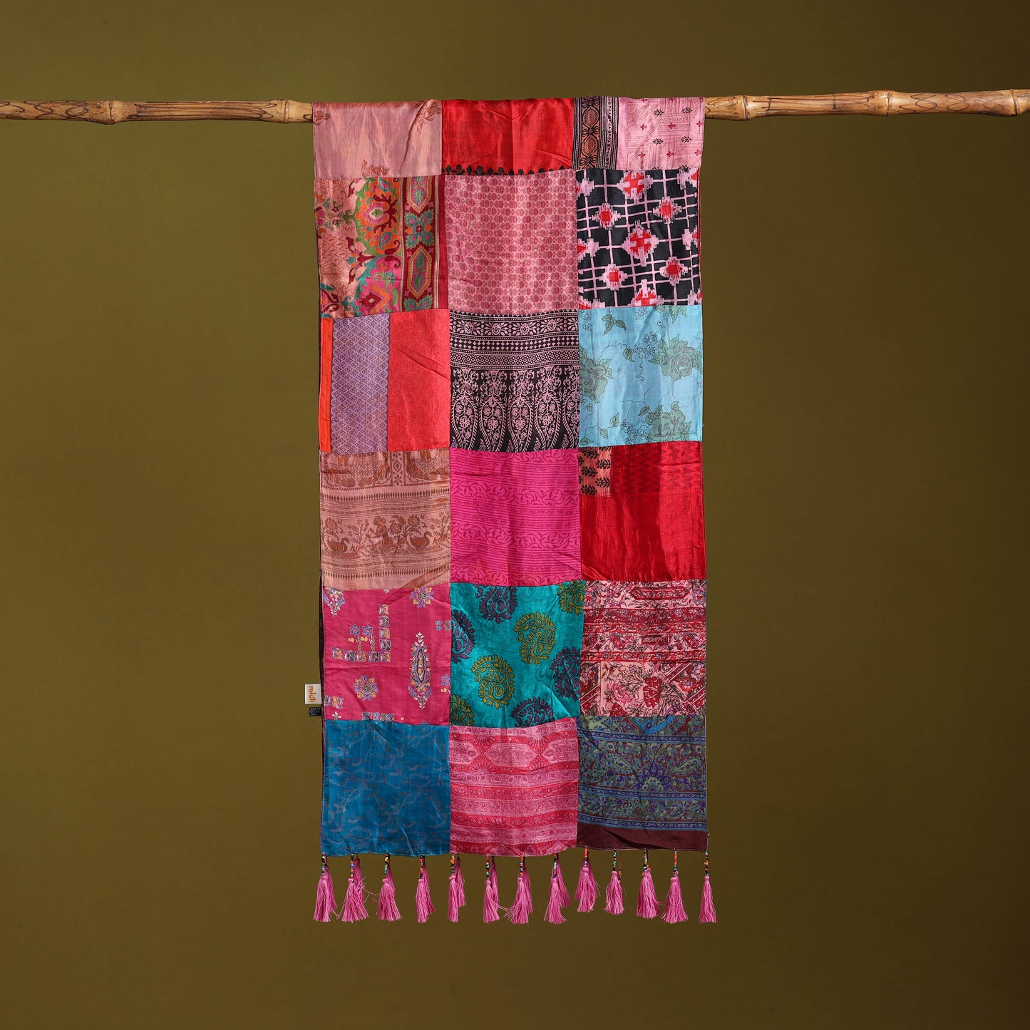 Multicolor - pure silk patchwork stole with tassels 26