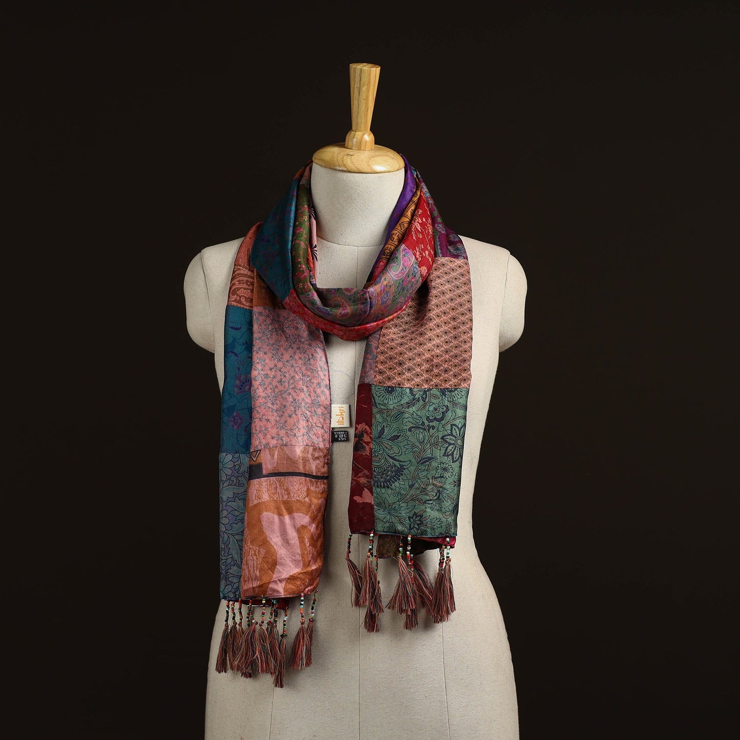 Pure silk patchwork stole with tassels 27 - handcrafted