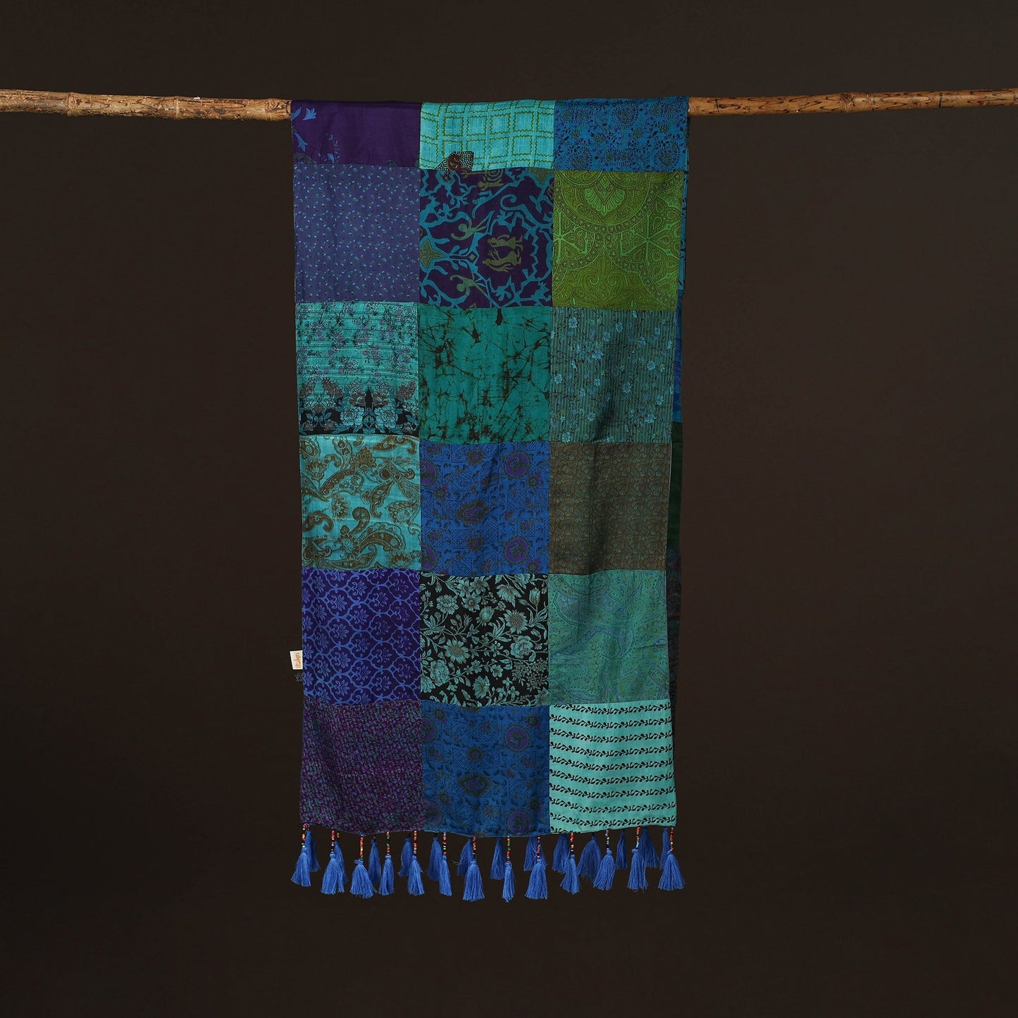 Pure silk patchwork stole with tassels 28 - handcrafted