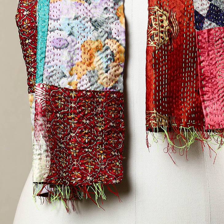 Multicolor Reversible Silk Bengal Kantha Stole