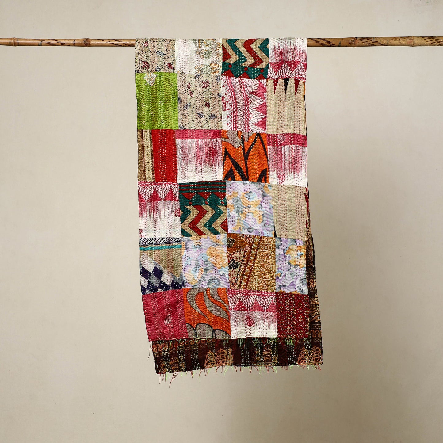 Multicolor Reversible Silk Bengal Kantha Stole