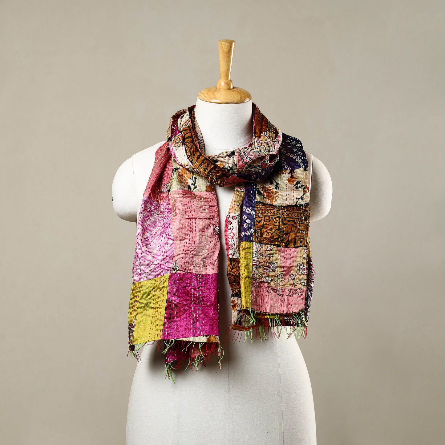 Multicolor Reversible Silk Bengal Kantha Stole Online