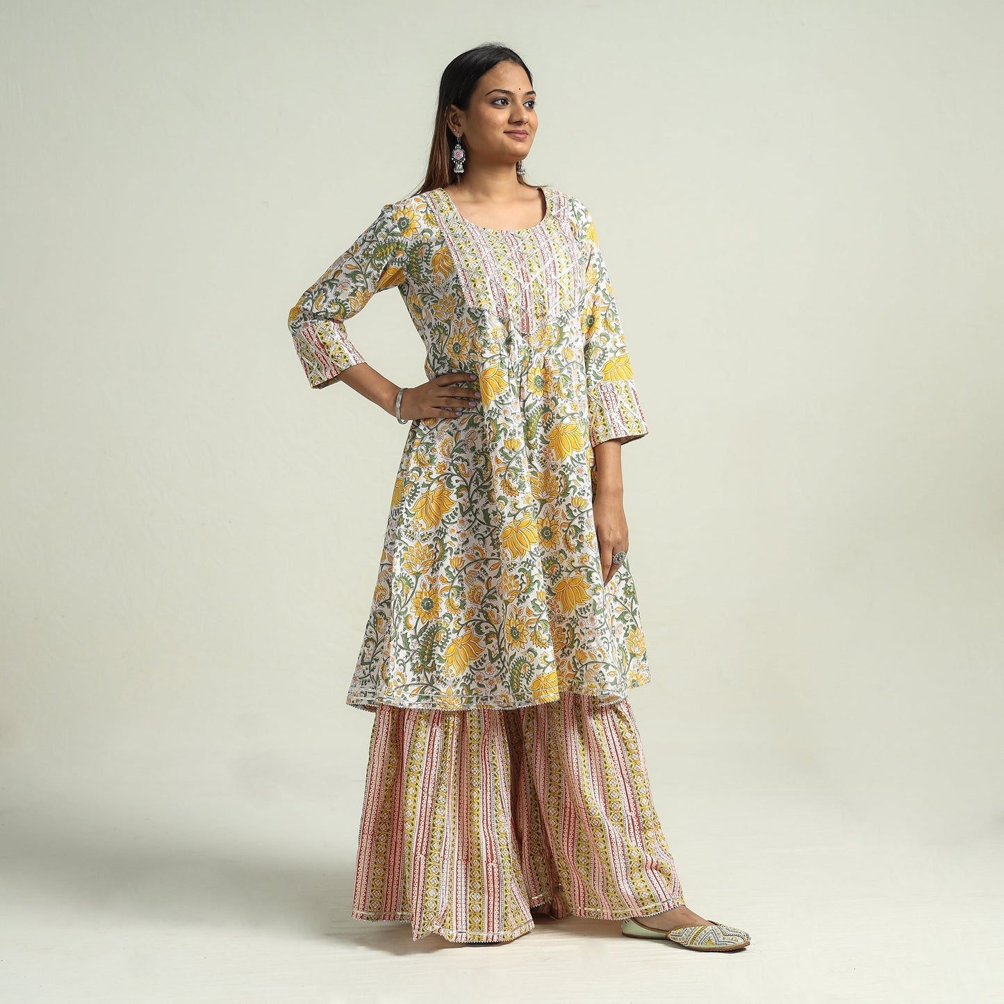 Sanganeri printed cotton kurta with sharara set