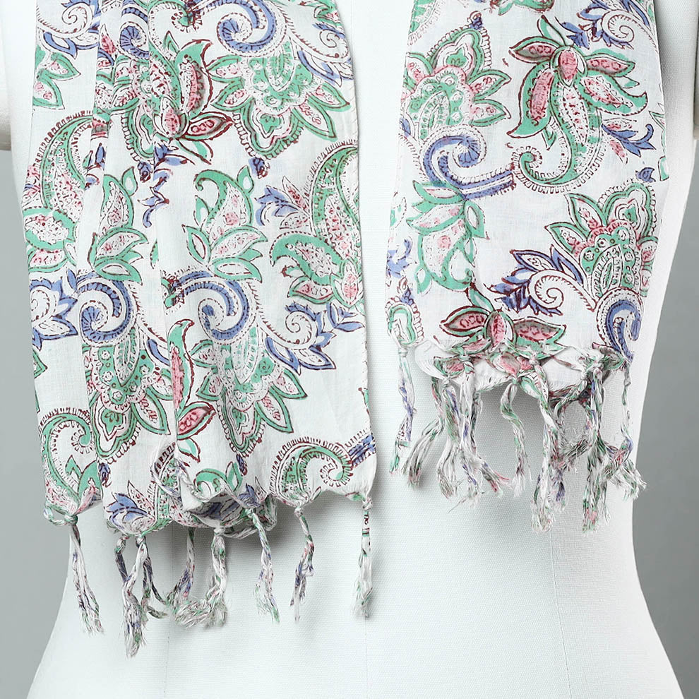 Sanganeri Block Printed Cotton Stole with Tassels 34
