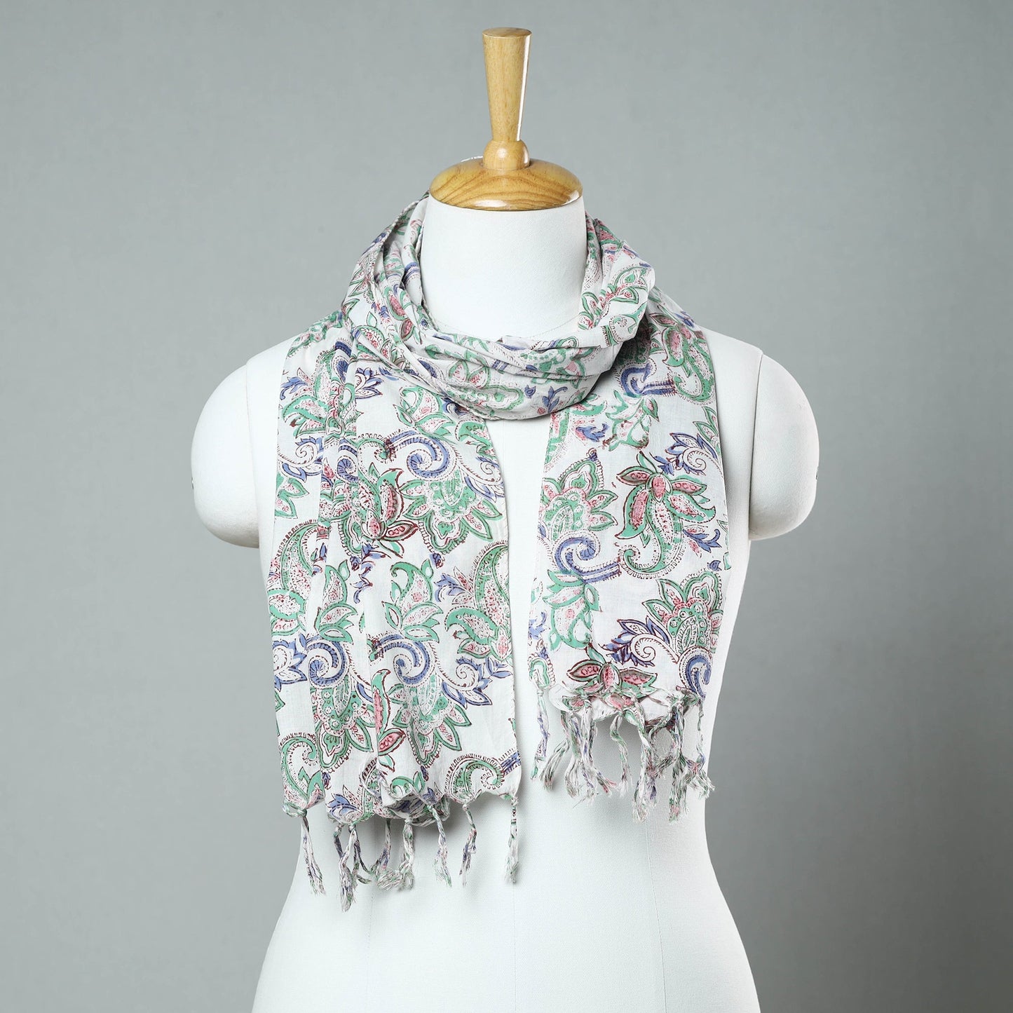 Sanganeri Block Printed Cotton Stole with Tassels 34