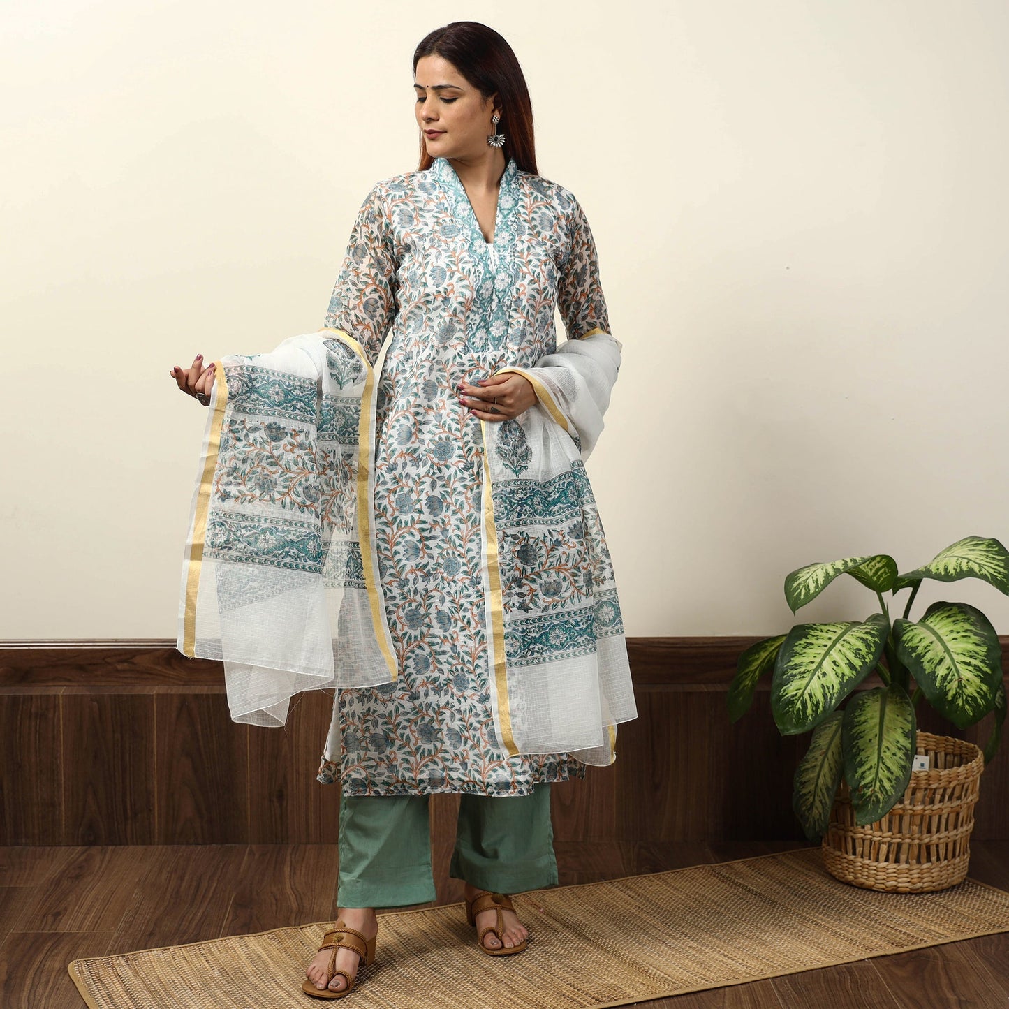 Sanganeri Block Printed Kota Doria Kurta with Palazzo & Dupatta Set 04