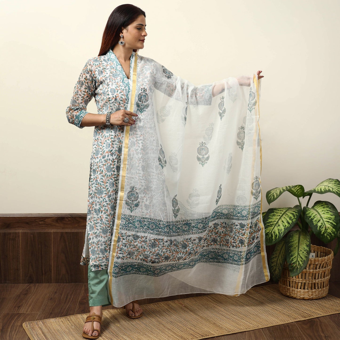 Sanganeri Block Printed Kota Doria Kurta with Palazzo & Dupatta Set 04