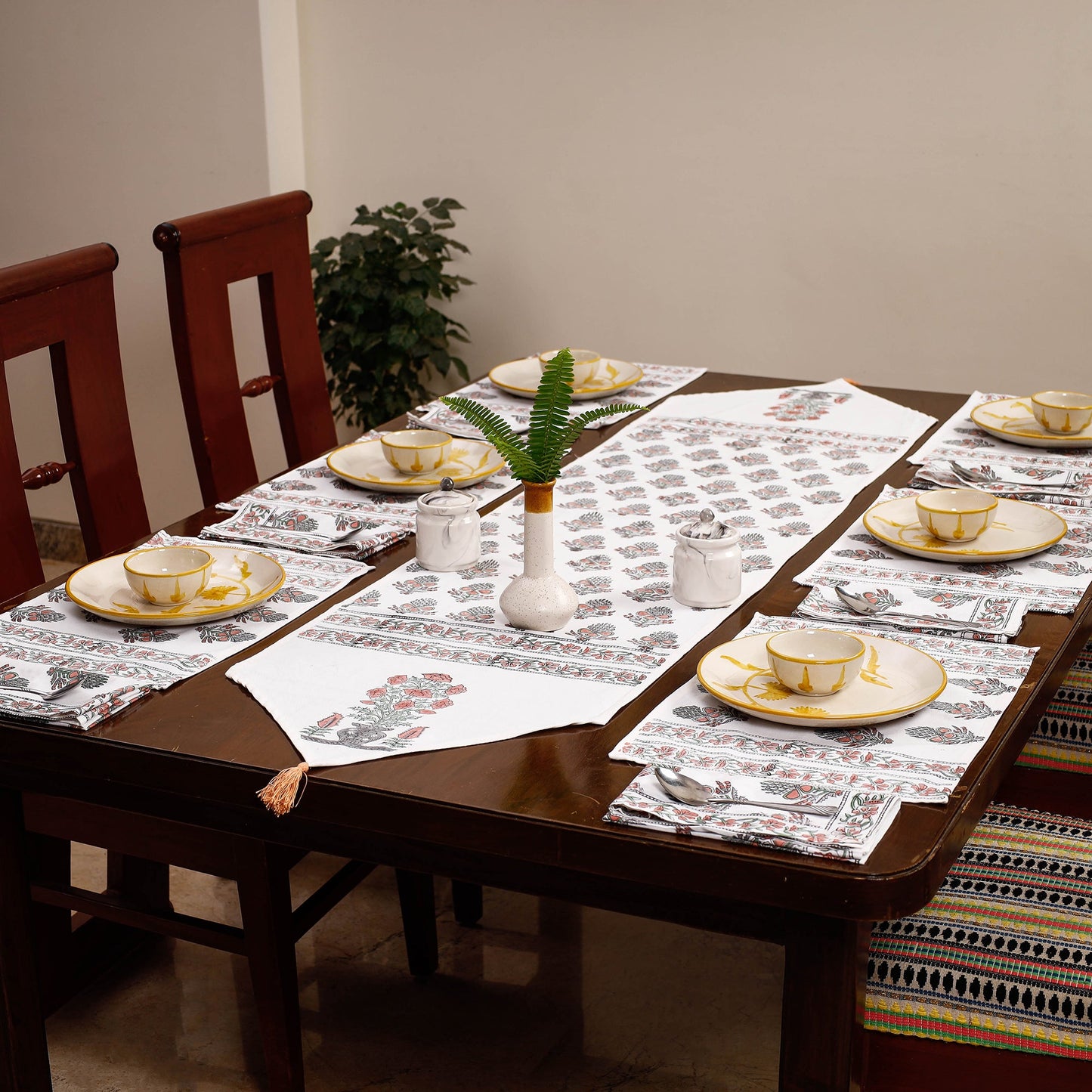 Multicolor Sanganeri Print Cotton Table Runner with Mats & Napkins