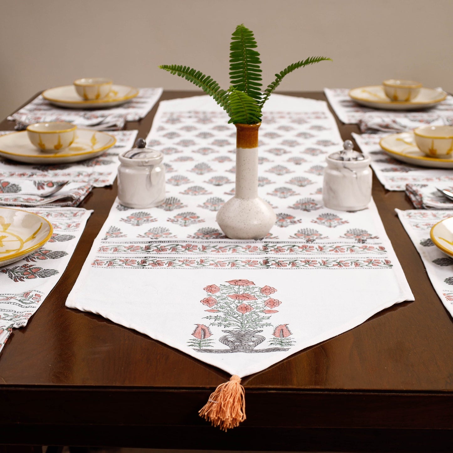 Multicolor Sanganeri Print Cotton Table Runner with Mats & Napkins