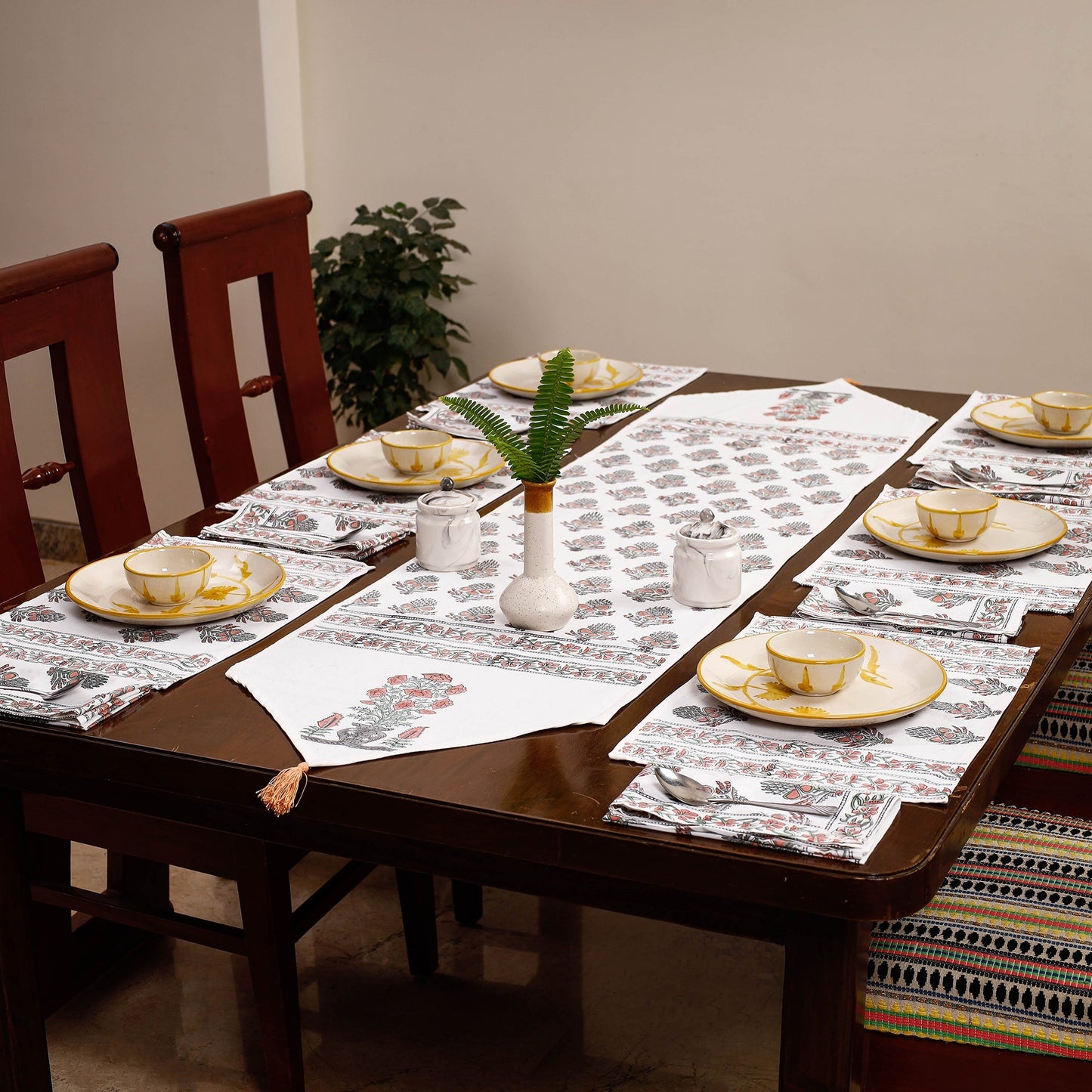 Multicolor Sanganeri Print Cotton Table Runner with Mats & Napkins