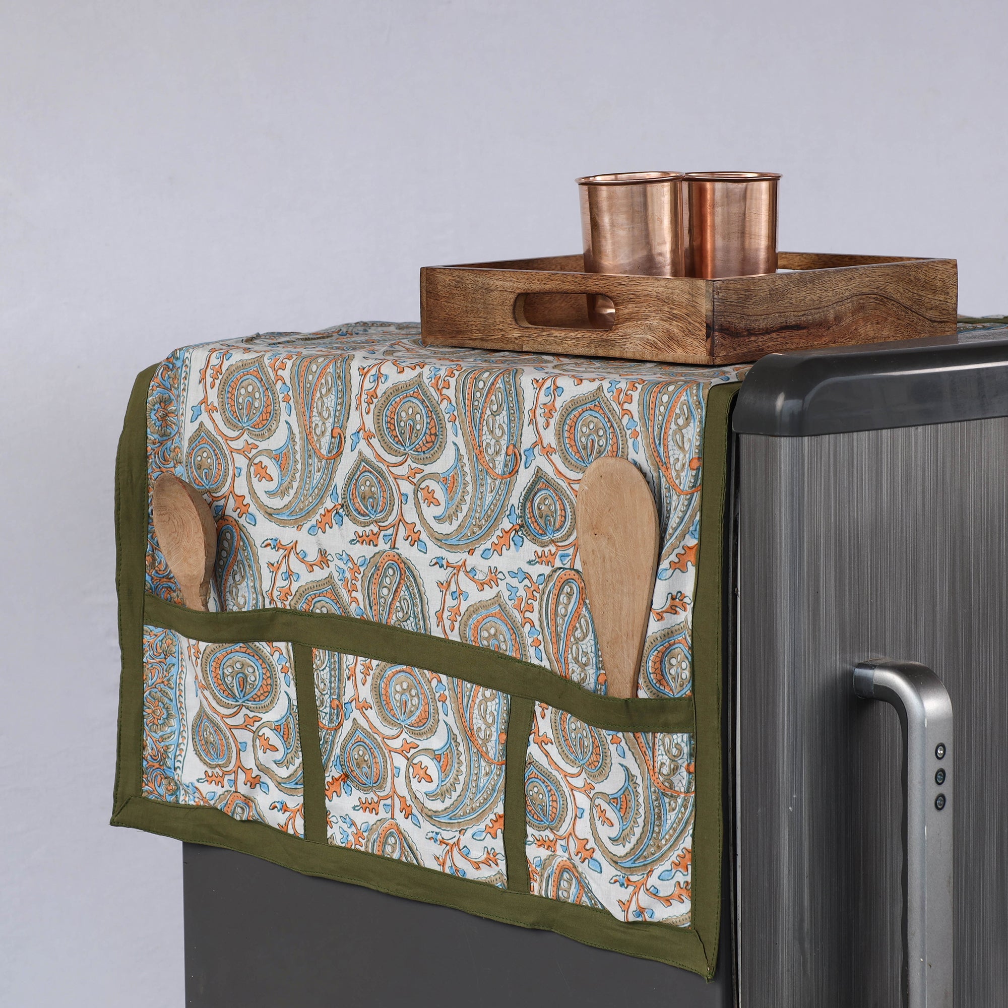 Blue - Handmade Cotton Fridge Top Cover with Multiple Pockets 09