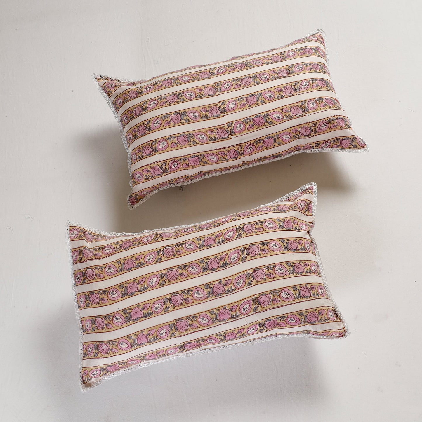 Sanganeri Block Printed Cotton Pillow Cover with Lace (26 x 16 in) - Set of 2