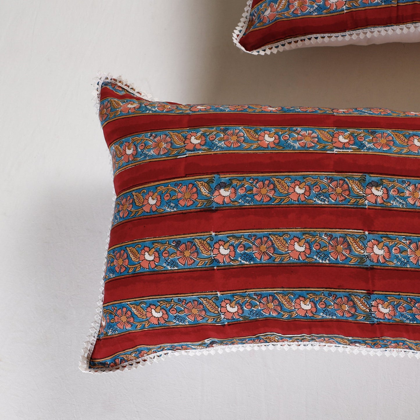 BuySanganeri Block Printed Cotton Pillow Cover With Lace (26 x 16 in) - Set of 2