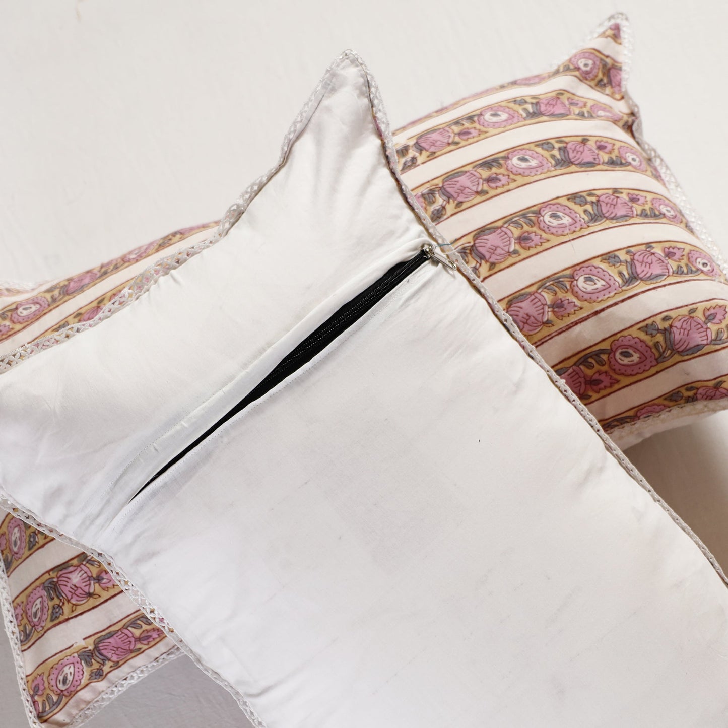 Sanganeri Block Printed Cotton Pillow Cover with Lace (26 x 16 in) - Set of 2